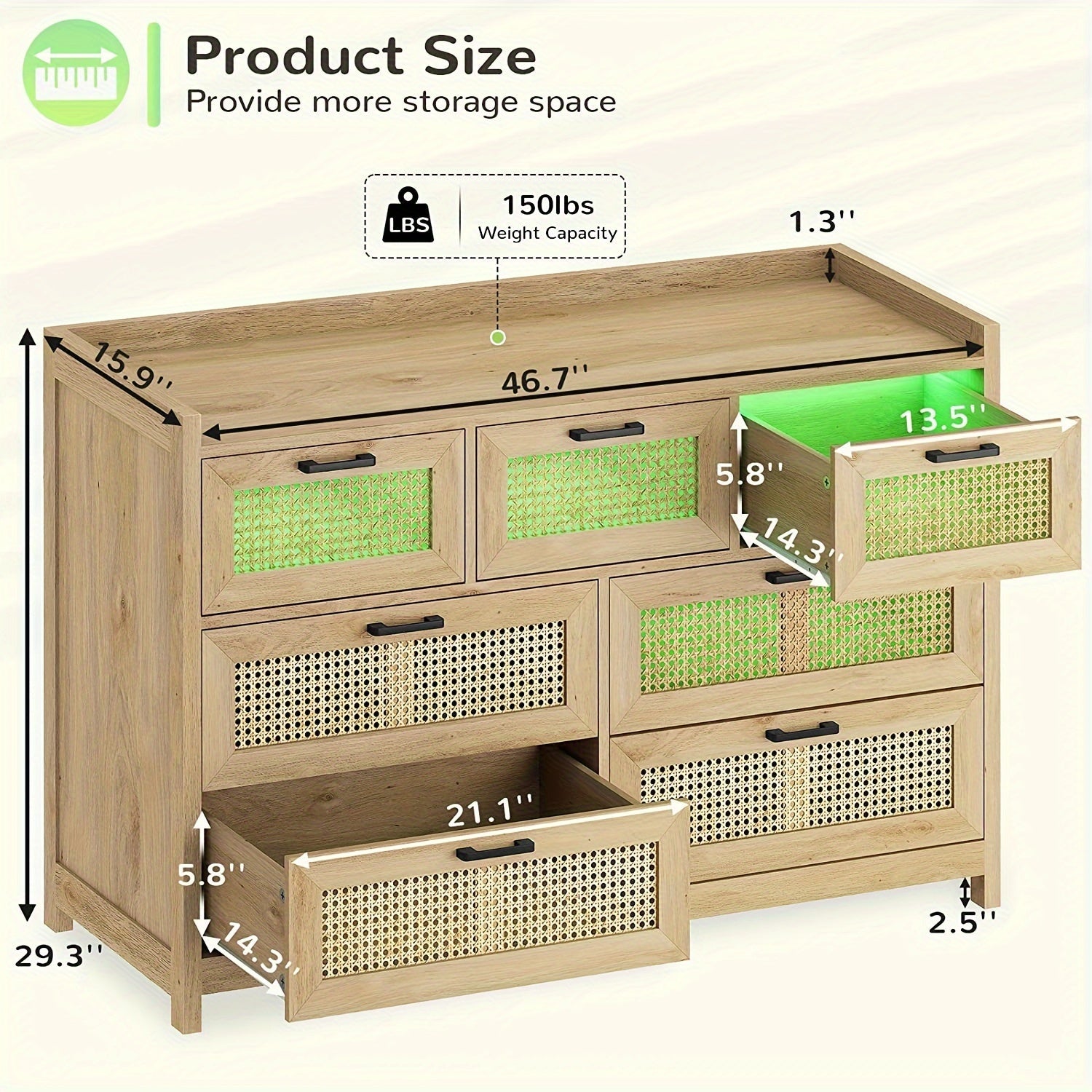 Natural Rattan 7 Drawer Dresser With LED Lights Chests Of Drawers For Bedroom, Hallway, Entryway