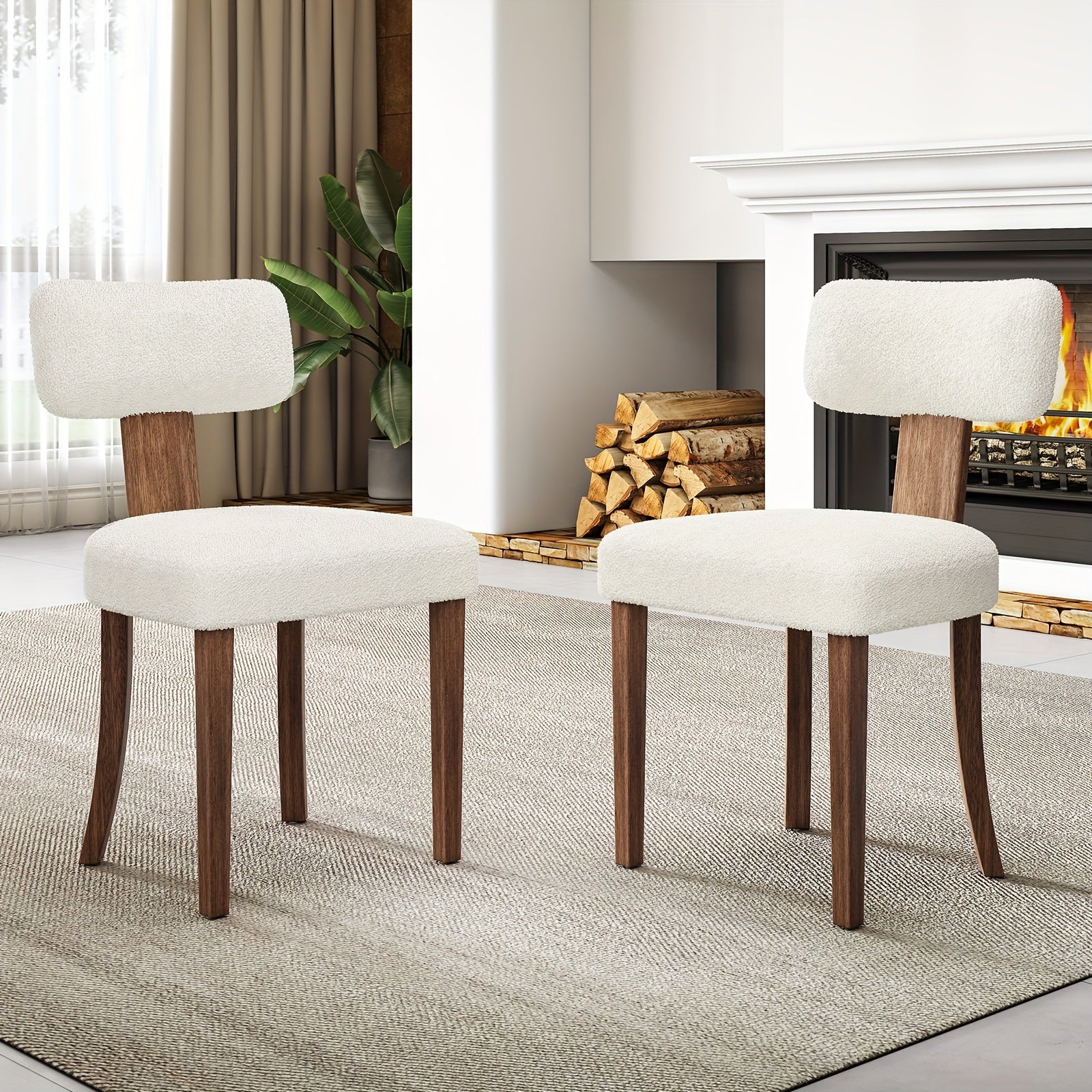 Set of 2 Modern Dining Chairs with Upholstered Curved Backrest and Boucle Seat, Hardwood Frame for Dining Table