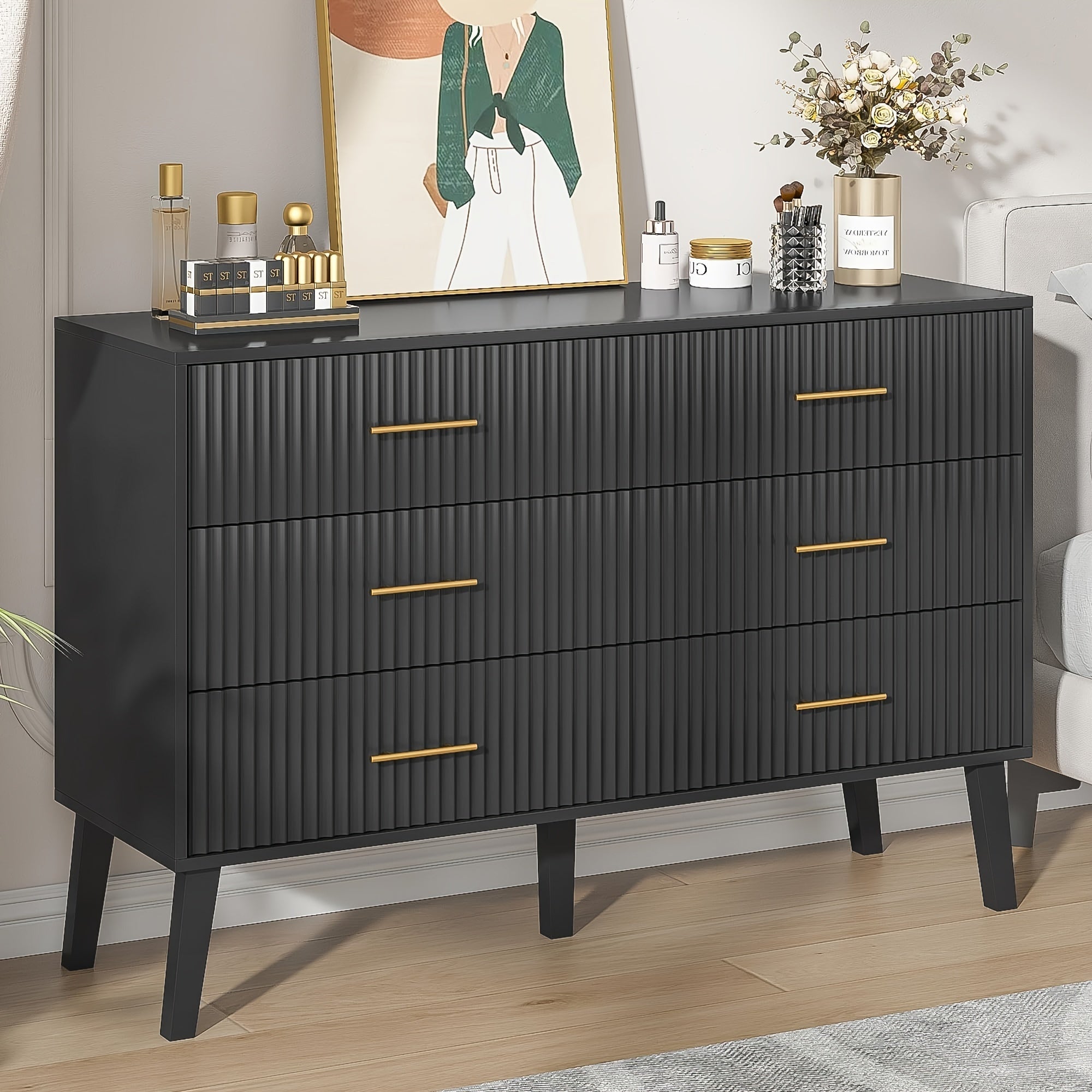 6 Drawer Accent Dresser, Modern Closet Dressers Chest Of Drawers With Fluted Panel, Suitable For Living Room, Bedroom, Nursery, Entryway And Hallway