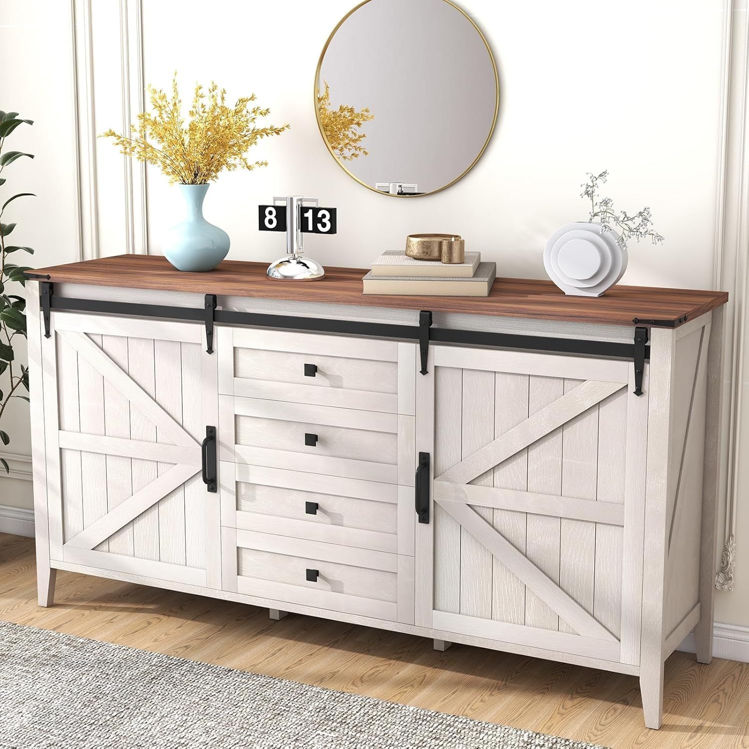 60 Inch Farmhouse 4 Drawers Dresser for Bedroom with Sliding Barn Doors, Natural Texture Wood Rustic Chest of Drawers for Living Room Bedroom Hallway Driftwood Gray