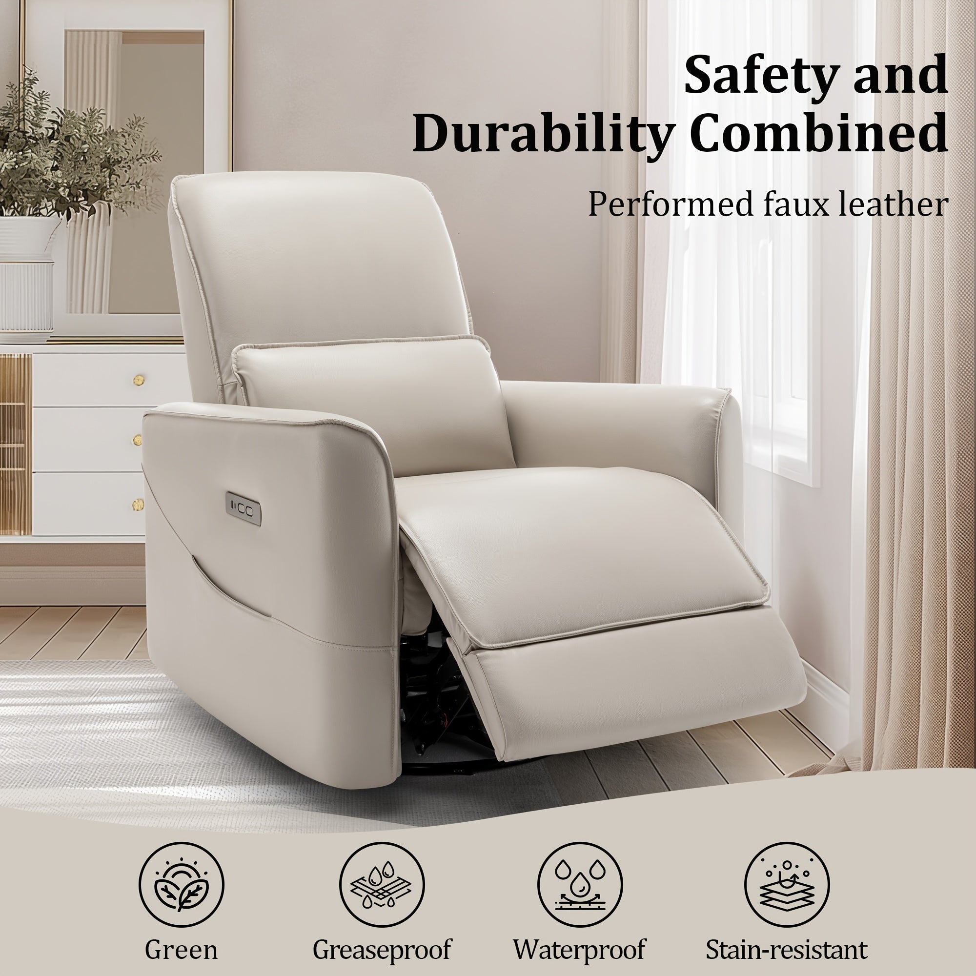 Luxurious Light Grey Electric Recliner Chair with Low Back Support, Power Swivel Action, USB Ports, and Streamlined Side Pockets - Ergonomic Design for Comfortable Living in Bedroom or Living Room, Chair for Living Room