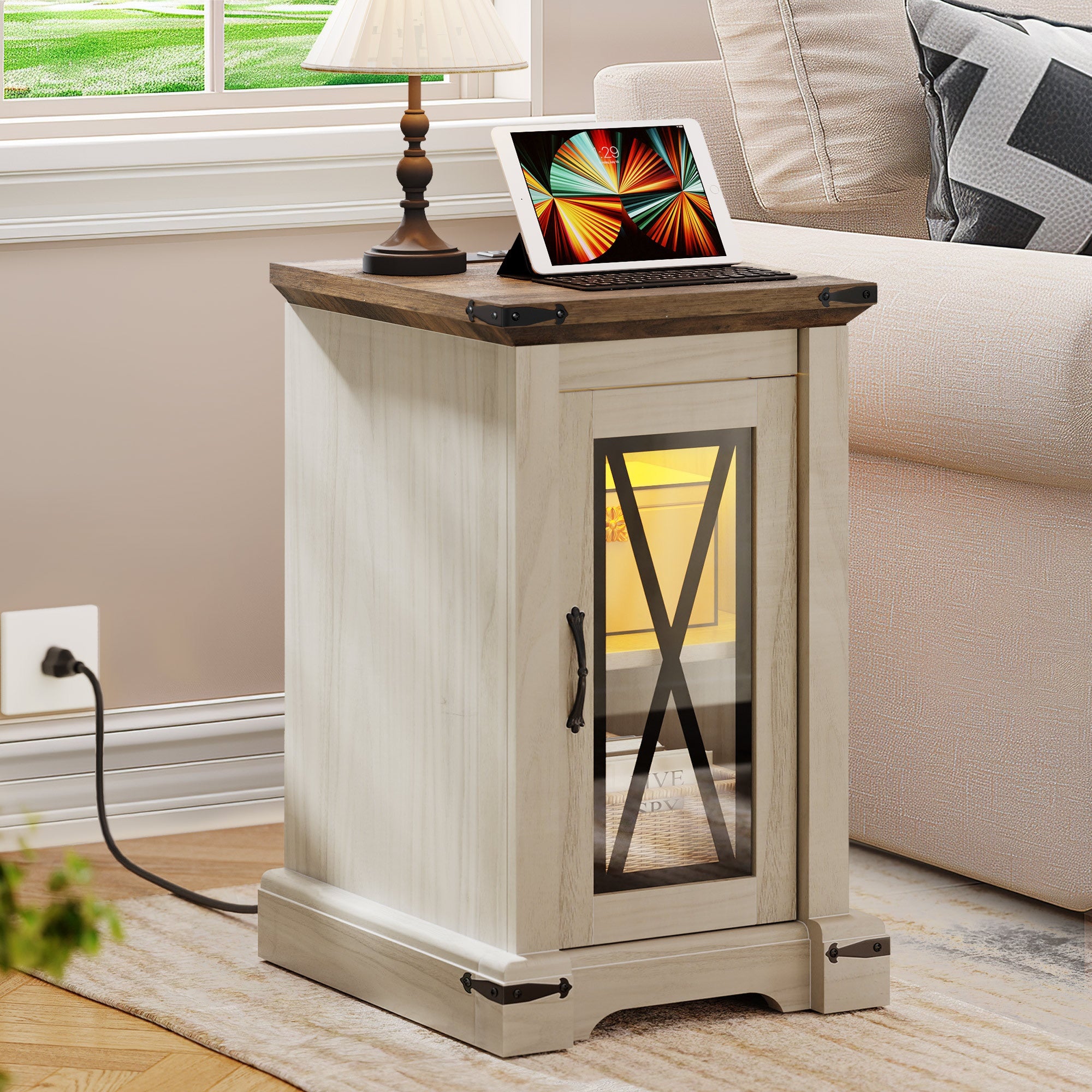 1pc Modern Multifunctional Wooden Side Table with Adjustable RGB Lighting and Built-in Charging Station, Pedestal Base - Ideal for Halloween and Christmas Gifts