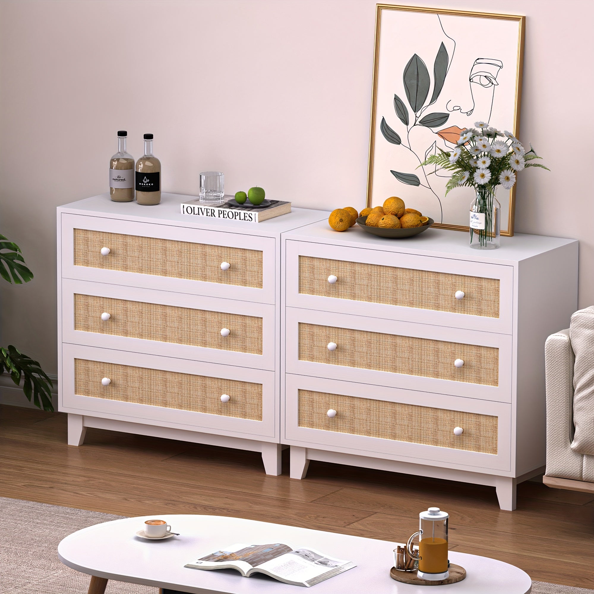 Rattan Drawer Dresser with 3 drawers Boho Small Chest of Drawers- Large Storage and Sturdy Contruction Natural Rattan