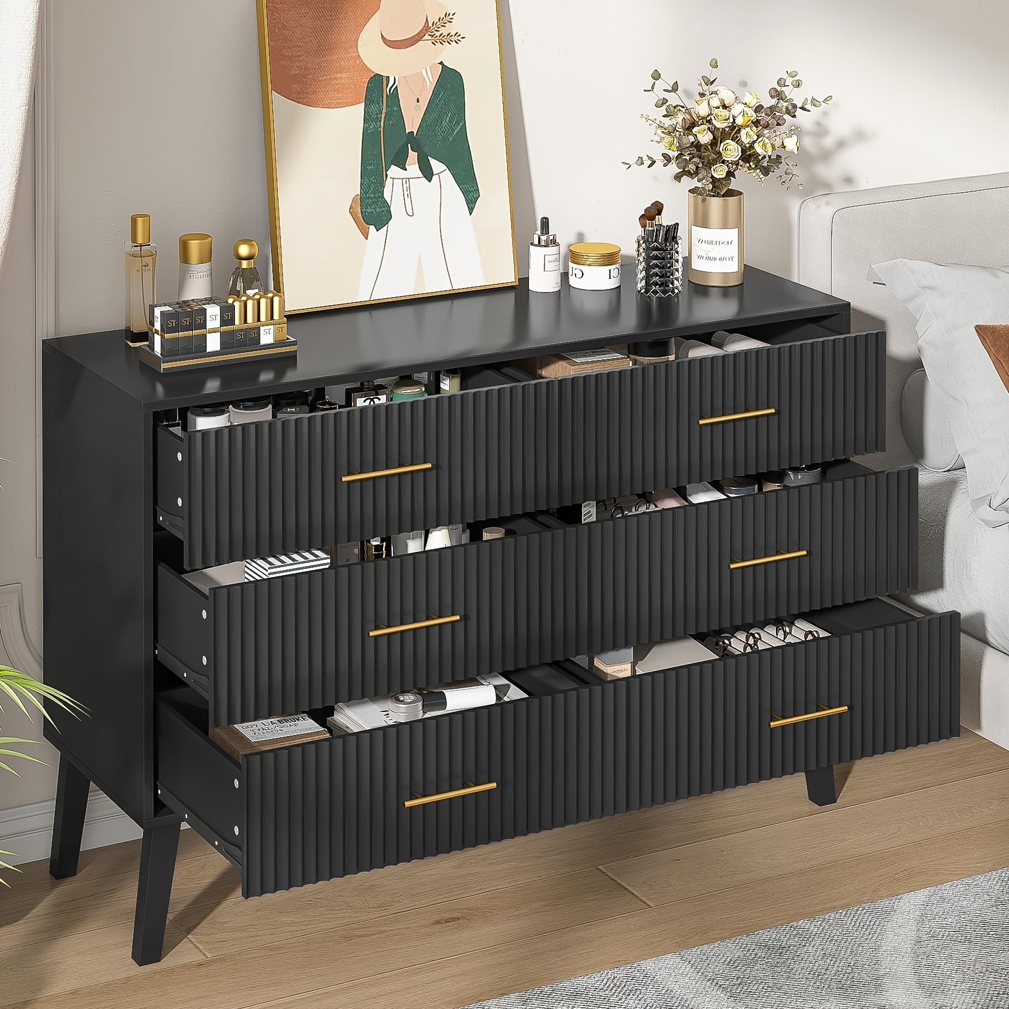 6 Drawer Accent Dresser, Modern Closet Dressers Chest Of Drawers With Fluted Panel, Suitable For Living Room, Bedroom, Nursery, Entryway And Hallway