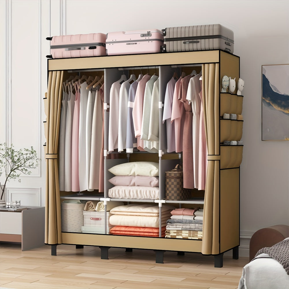 Black Dust-Proof Cloth Wardrobe - Durable Steel Frame, Multi-Layer Storage Organizer For Bedroom, Rental, And Dorm