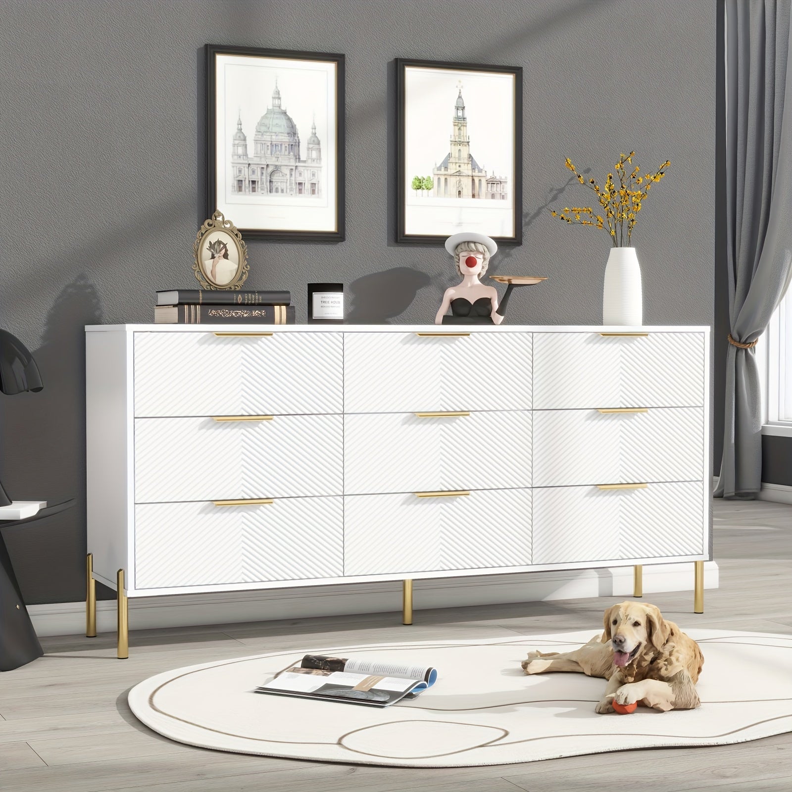 Modern White and Golden Bedroom Dresser with 9 Drawers, Metal Feet, and Golden Pulls - Hardwood Fiberboard Storage Cabinet for Hallway, Entryway, Living Room