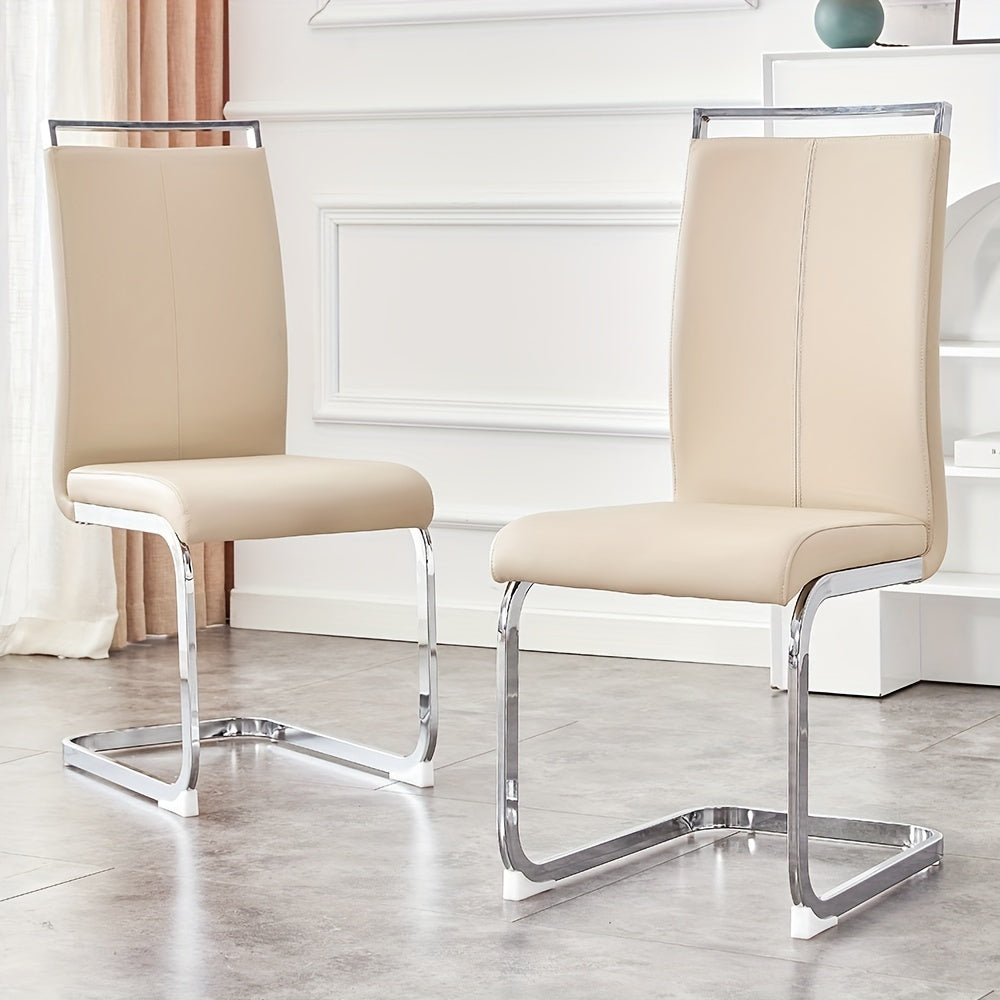 Stylish Beige Faux Leather Dining Chair with Silvery Metal Legs – Easy to Clean, Ideal for Modern Dining Rooms and Kitchens, Comfortable and Durable Seating, Chic and Neutral Design for Home Decor, Set of 2 Chairs, kitchen