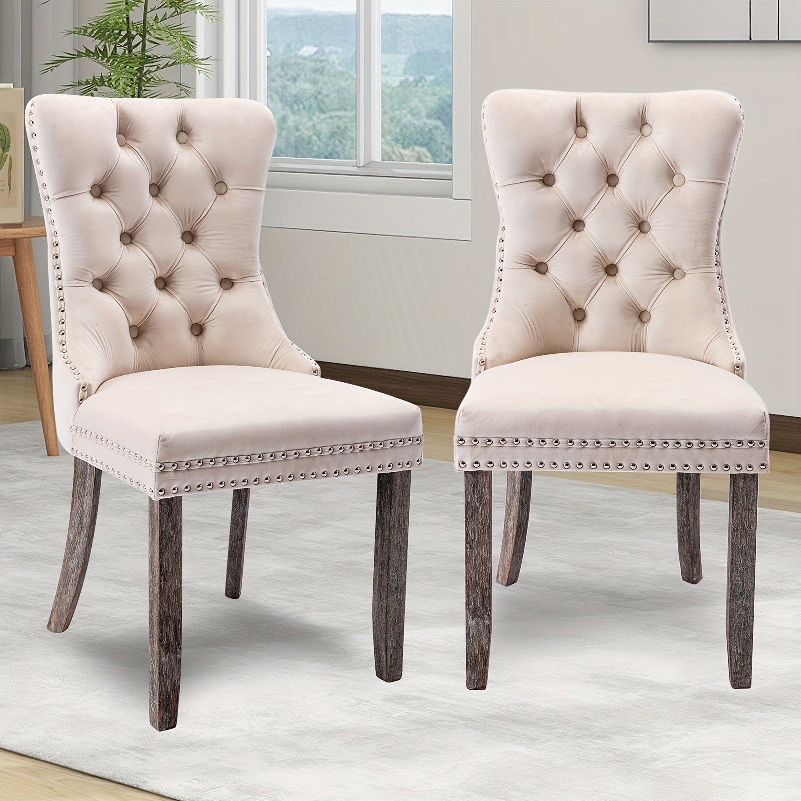 Set of 2 Elegant Velvet Wingback Dining Chairs with Ring Pull Trim and Button Back - Luxurious Tufted Upholstery, Ergonomic Design, Solid Wood Frame for Living Room, Bedroom, Kitchen, Chair for Living Room