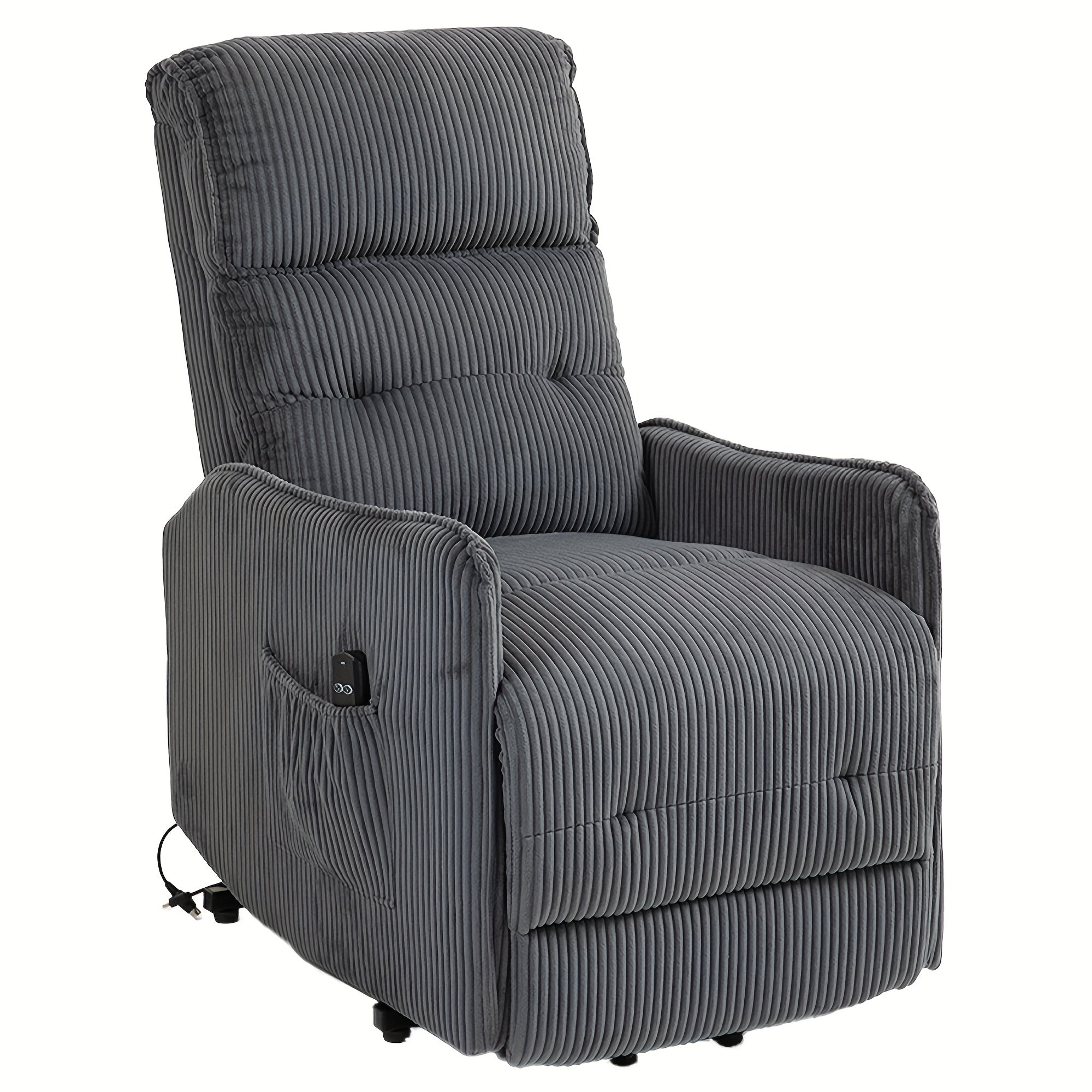 Plush Corduroy Power Lift Recliner Chair for Adults - Easy-to-Operate, Adjustable Height with Side Pocket, Ideal for Living Room, Bedroom, Home Theater - Comfortable Memory Foam, Solid Back, Gray