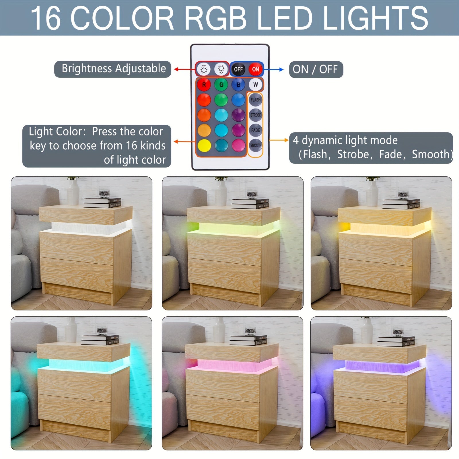 Modern LED Nightstand 2 Drawers Bedside Table With Led Lights Smart Night Stands Wood Color Textured Finish End Side Table For Bedroom Home Furniture