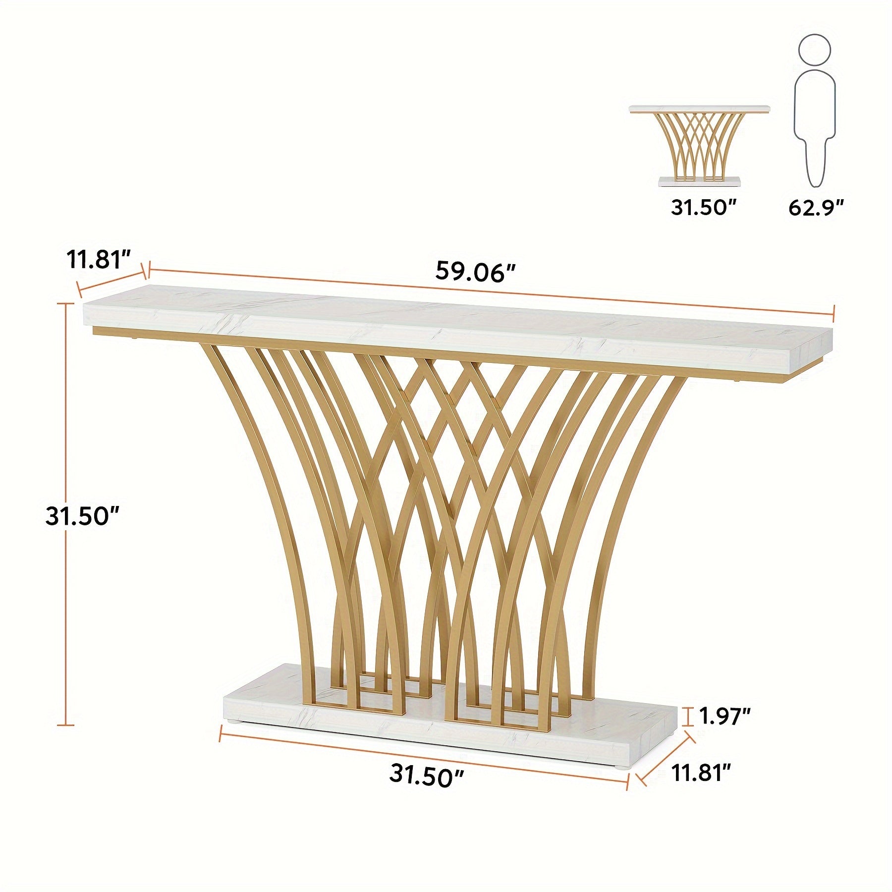 59 inch Golden Console Table Modern Entryway Table with Grid-Shaped Metal Base for Entrance Hallway Entryway Living