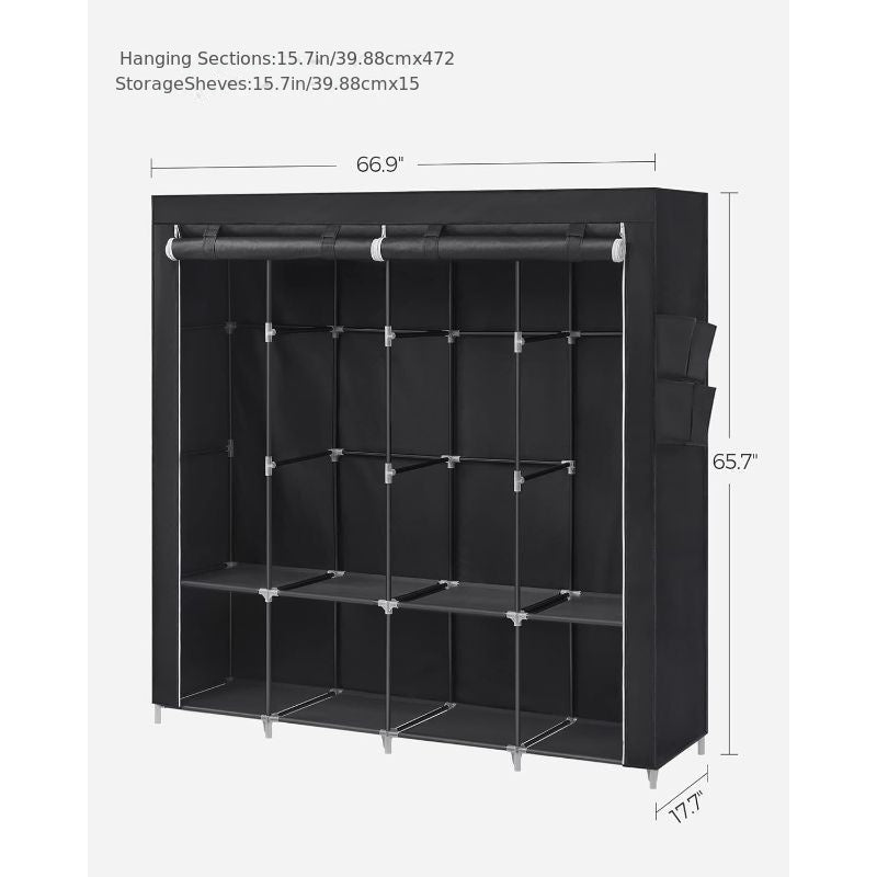 1pc Portable Wardrobe Closet Organizer with Cover, 4 Hanging Rods and Shelves, 4 Side Pockets, Metal Material, Lacquered Finish, Large Capacity for Bedroom, Living Room, Clothes Organizer Storage, SONGMICS