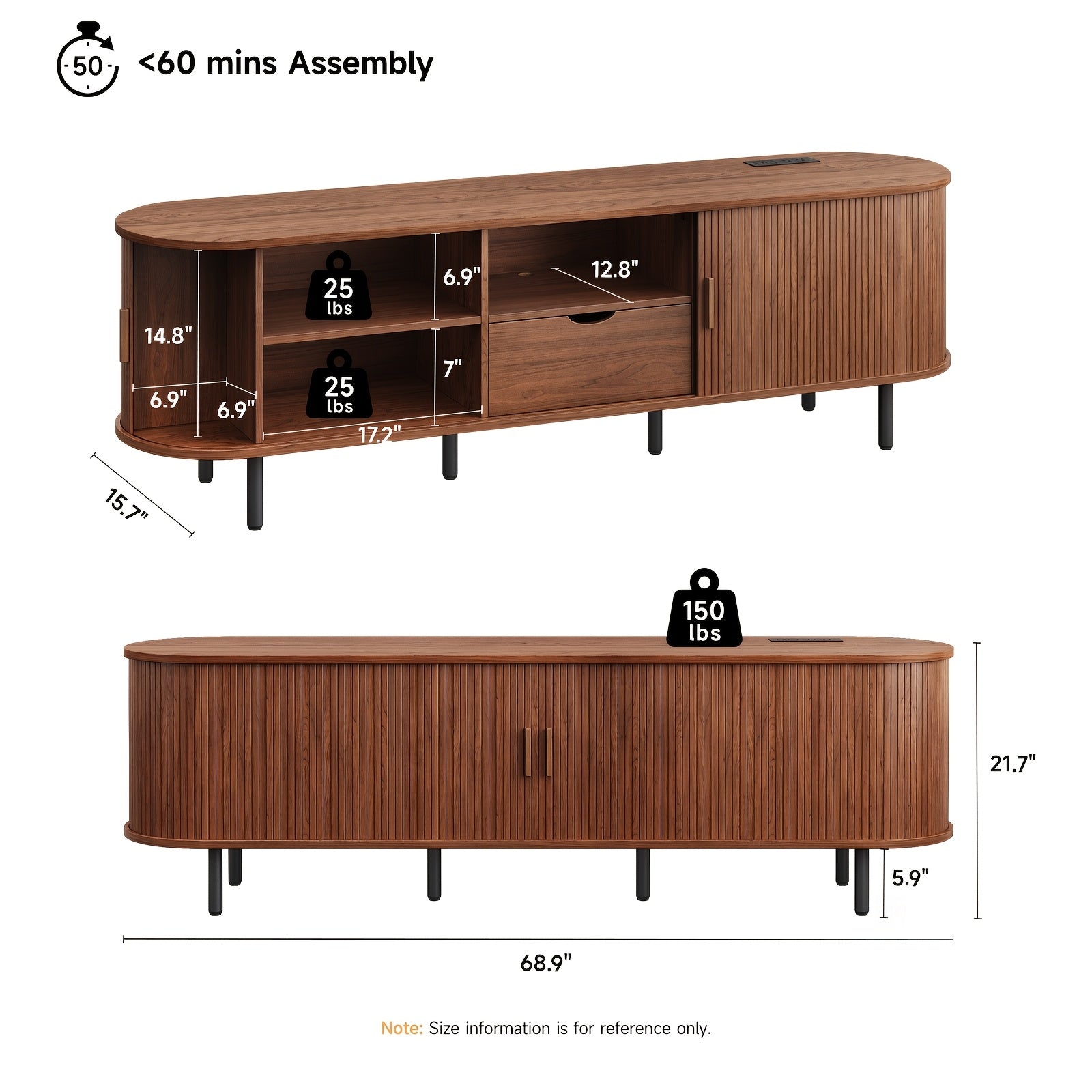 Festive 69" Walnut TV Stand with Power Outlets - Fits TVs Up to 80", Modern Media Entertainment Center with Storage, Drawers, Adjustable Shelves & Sliding Doors - Ideal for Holiday Living Room Decor, TV Console Table