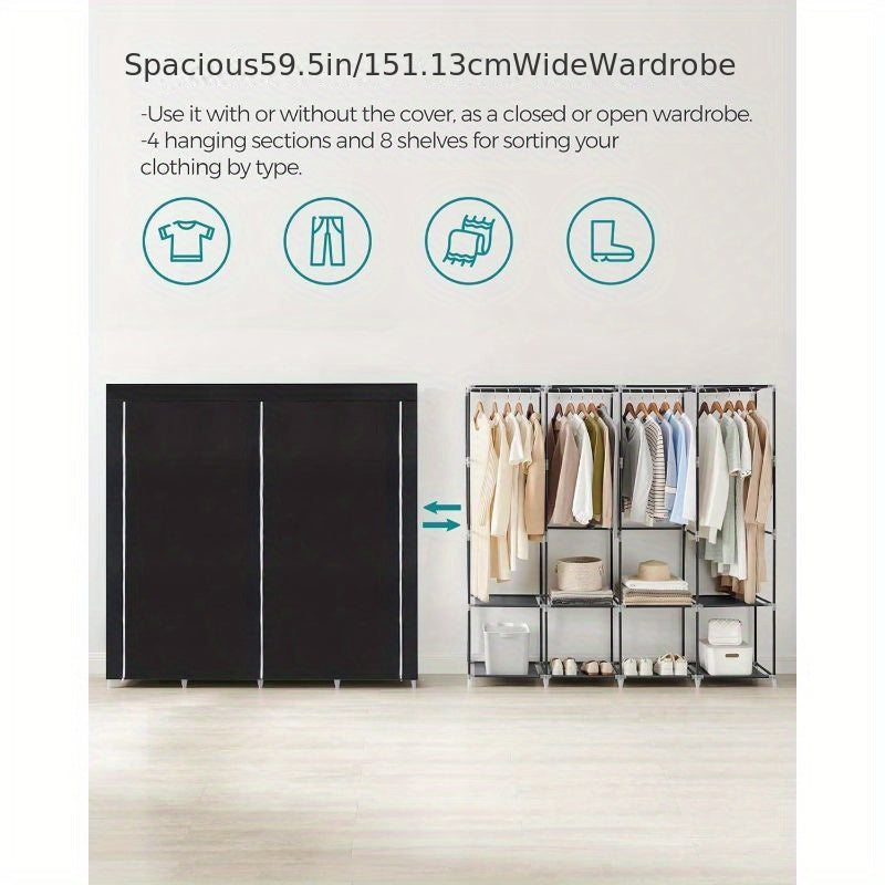 1pc Portable Wardrobe Closet Organizer with Cover, 4 Hanging Rods and Shelves, 4 Side Pockets, Metal Material, Lacquered Finish, Large Capacity for Bedroom, Living Room, Clothes Organizer Storage, SONGMICS