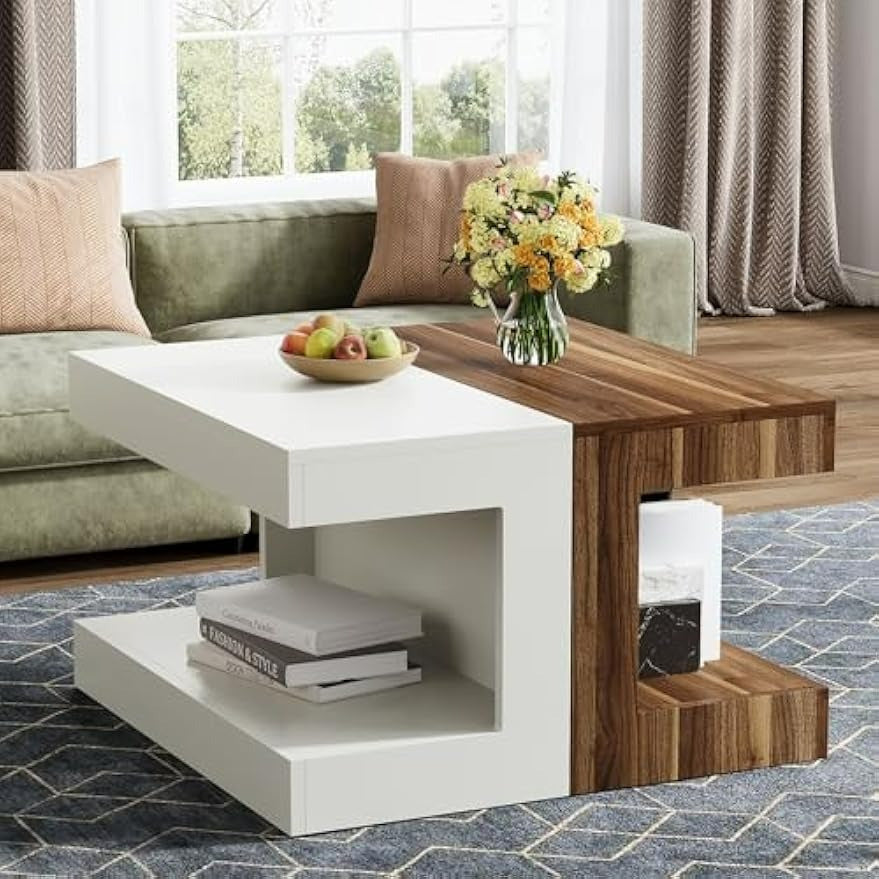 Square Coffee Table, 31.5" Creative Combination Splicing Side Table, 2-Tier Vintage Center Table for Living Room, Bedroom, Small Space, Rustic Brown & White