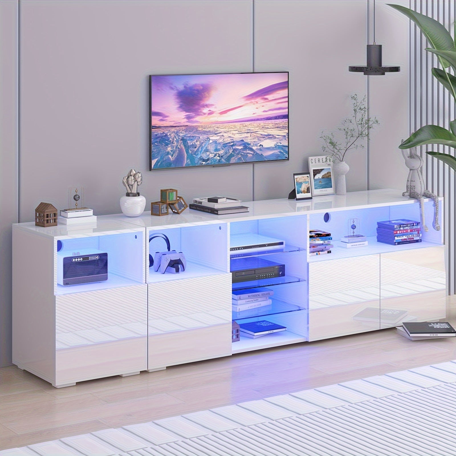 63/79 IN High Glossy LED TV Stand, Modern Entertainment Center/TV Stand With Adjustable Storage Shelf, RGB LED 20 Color Lighting, Smart Modern TV Cabinet