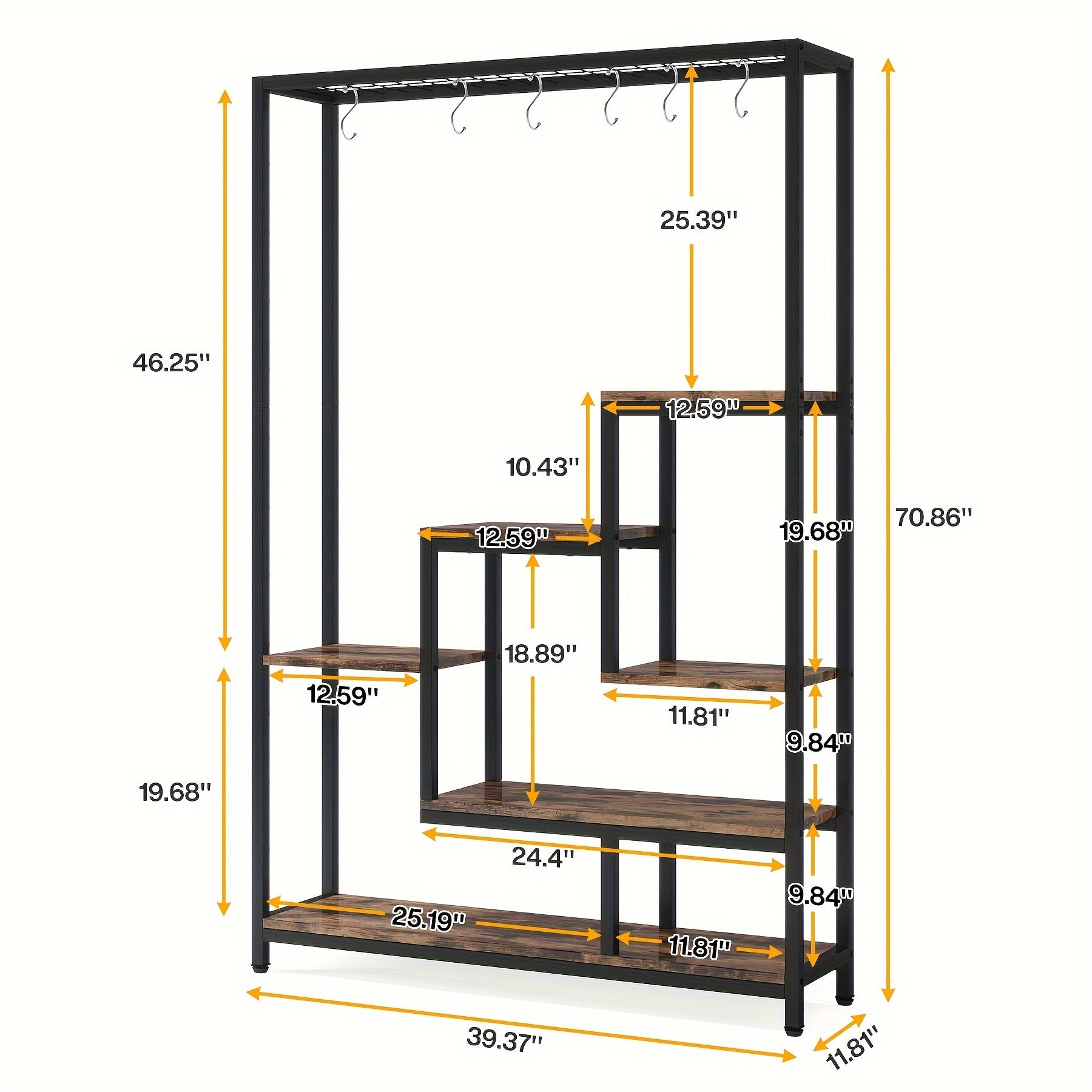 Indoor 70.9-Inch Tall Indoor Plant Stand, 5-Tier Large Metal Plant Shelf with 6PC S Hanging Hooks, Multi-Purpose Flower Bonsai Pots Display Rack for Garden, Balcony, Living Room