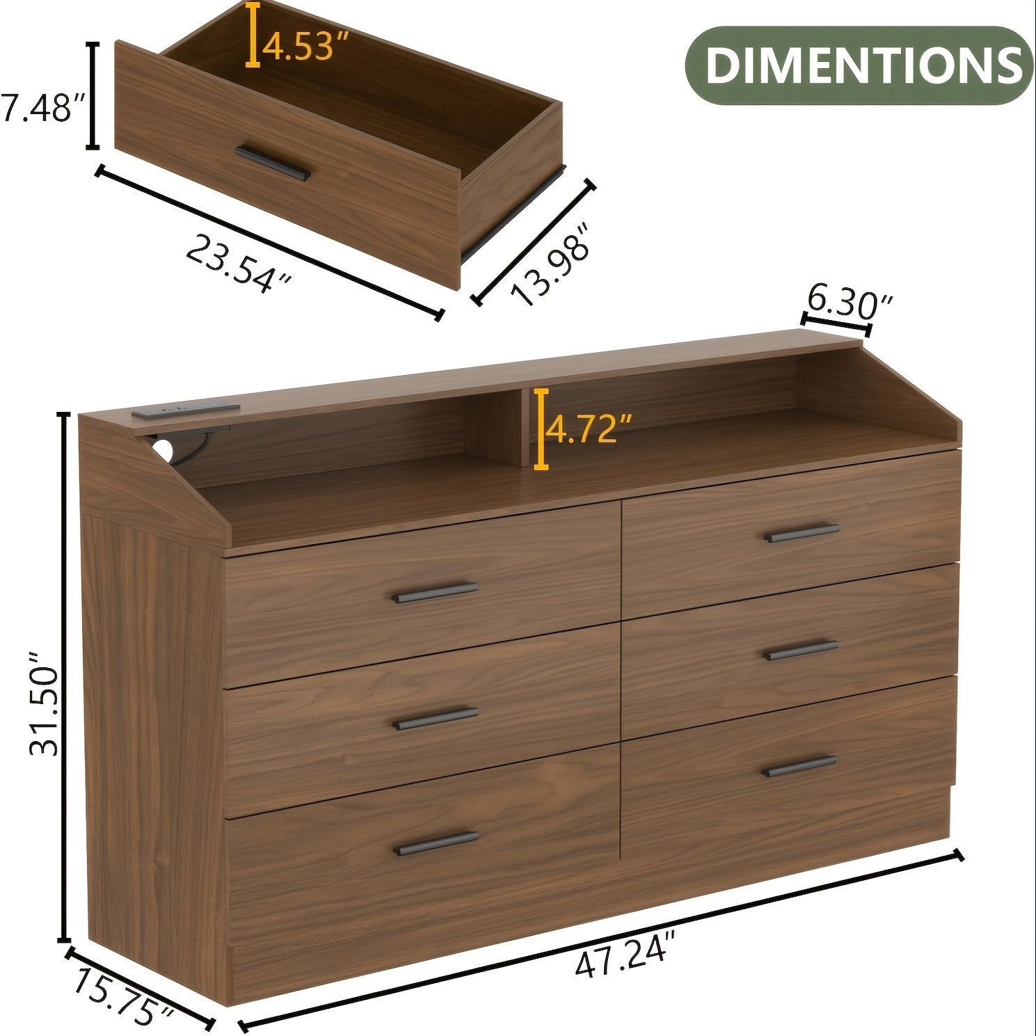 6 Drawers Dresser With LED Light And Charging Station Modern Dressers For Bedroom Dresser With Open Storage Cubby