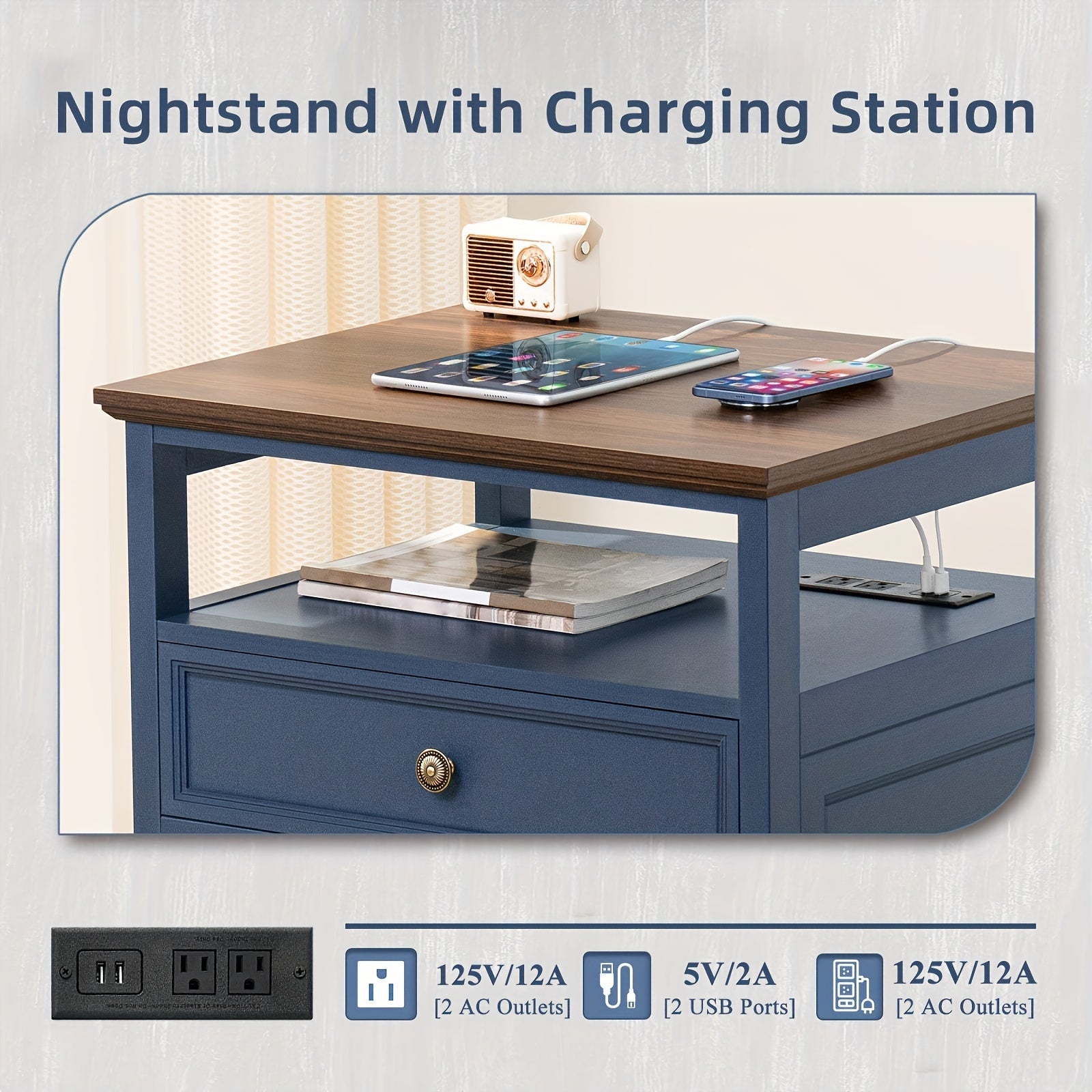 Farmhouse Nightstand With Charging Station, 23.6" Wide End Table With 2 Drawers, Blue Dresser For Bedroom, Bed Side Table Chest Of Drawers Cabinet, Wood Night Stand For Living Room, Closet