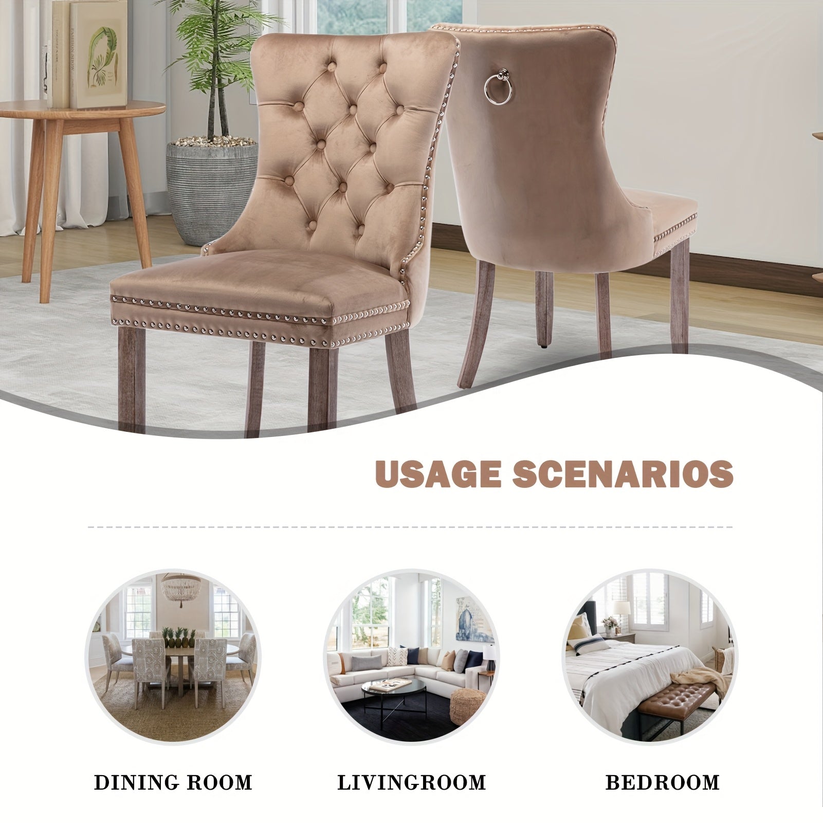 Set of 2 Elegant Velvet Wingback Dining Chairs with Ring Pull Trim and Button Back - Luxurious Tufted Upholstery, Ergonomic Design, Solid Wood Frame for Living Room, Bedroom, Kitchen, Chair for Living Room