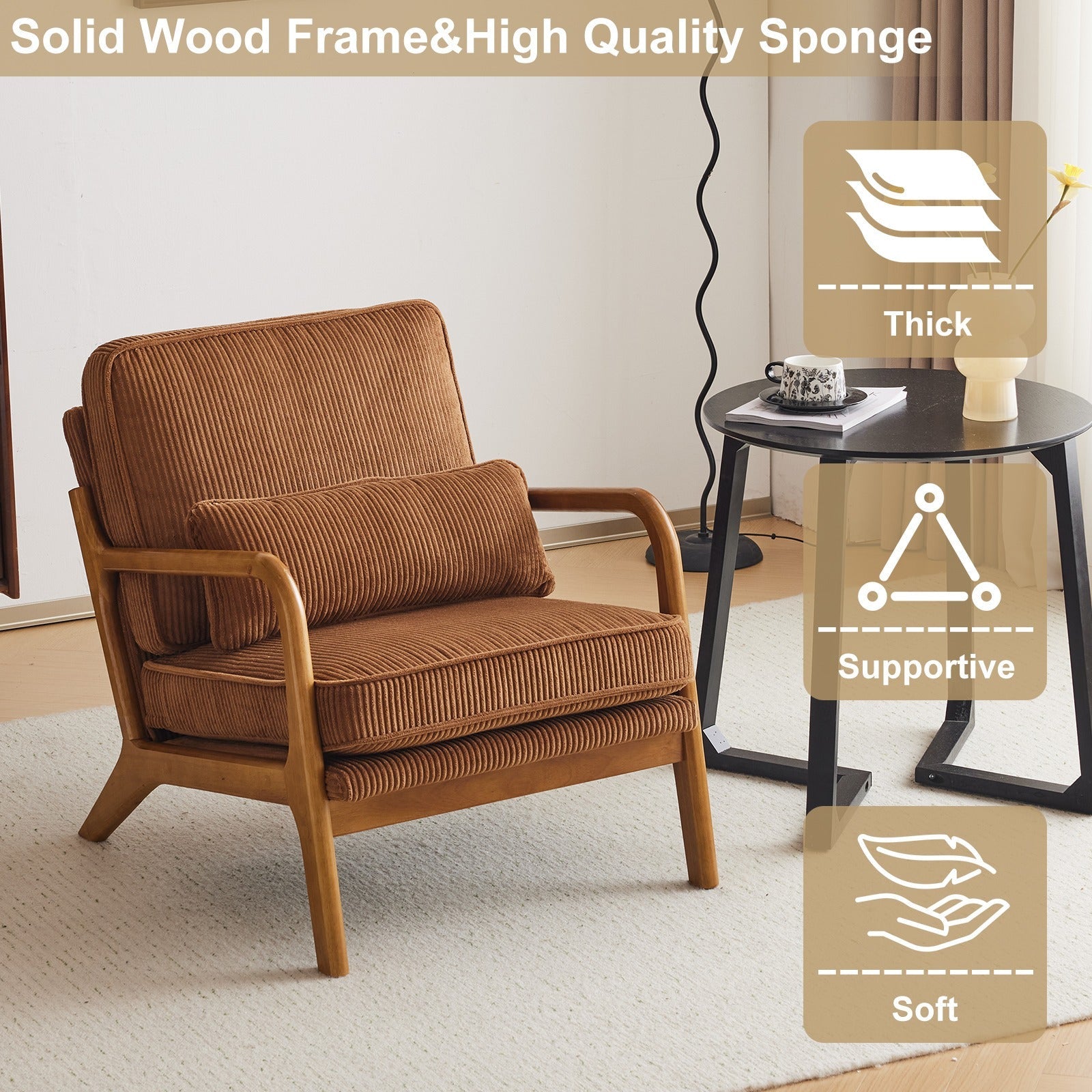 2-Pack Premium Corduroy Accent Chairs, Upholstered Arm Chair, Solid Wood Comfy Reading Chair with Lumbar Pillow, Mid Century Modern Chairs for Living Room,Bedroom