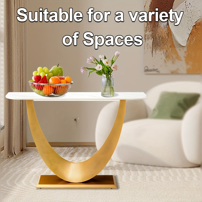 Modern Entryway Table, 47 Inch Sintered Stone Narrow Entrance Sofa Table, Moon Shape Design Decorative Table With Metallic Golden Base, Luxury Entryway Table For Hallway Living Room Bedroom