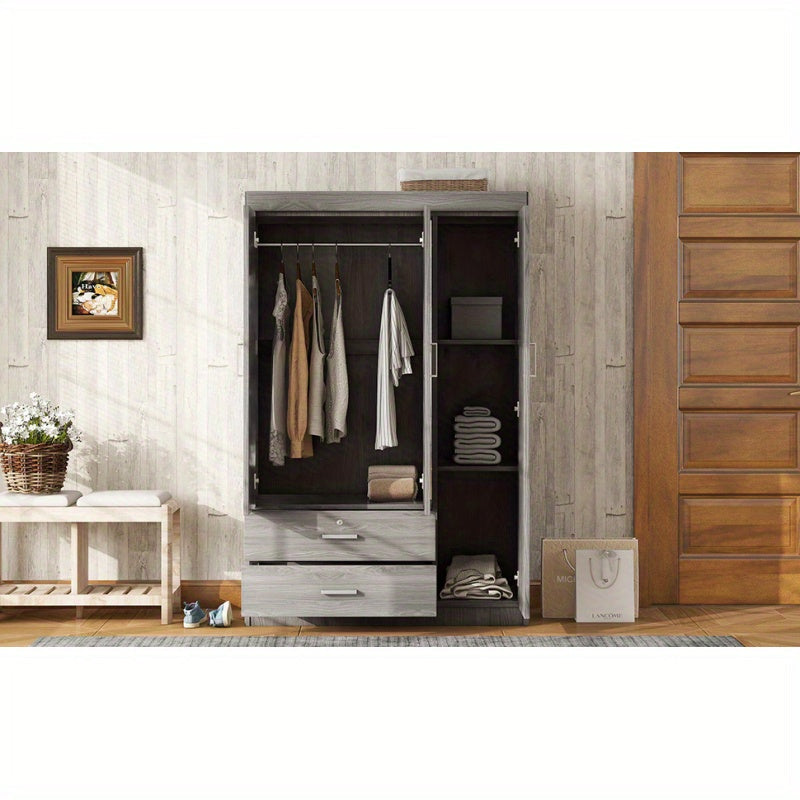 3 Door Wardrobe Gray Storage Closet with Adjustable Shelves Hanging Rod