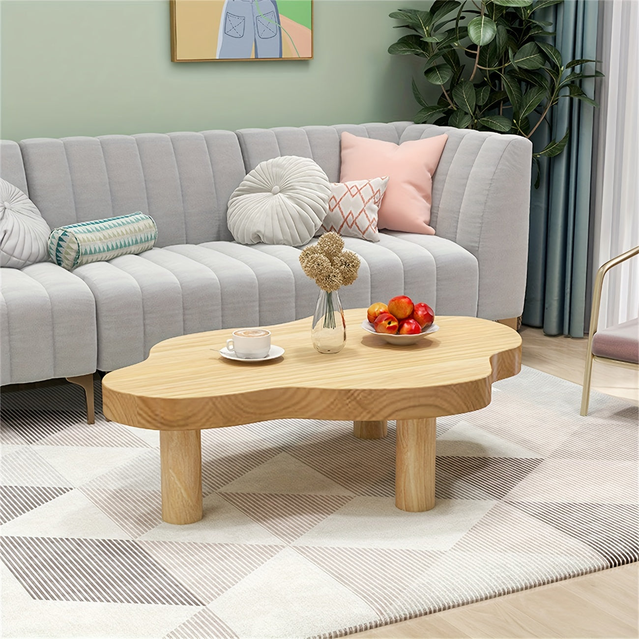 Cloud Shape Irregular Wood Coffee Table, Round Corner Thicken End Table, Cute Accent Modern Coffee Cocktail Table with 3 Legs for Living Room Furniture