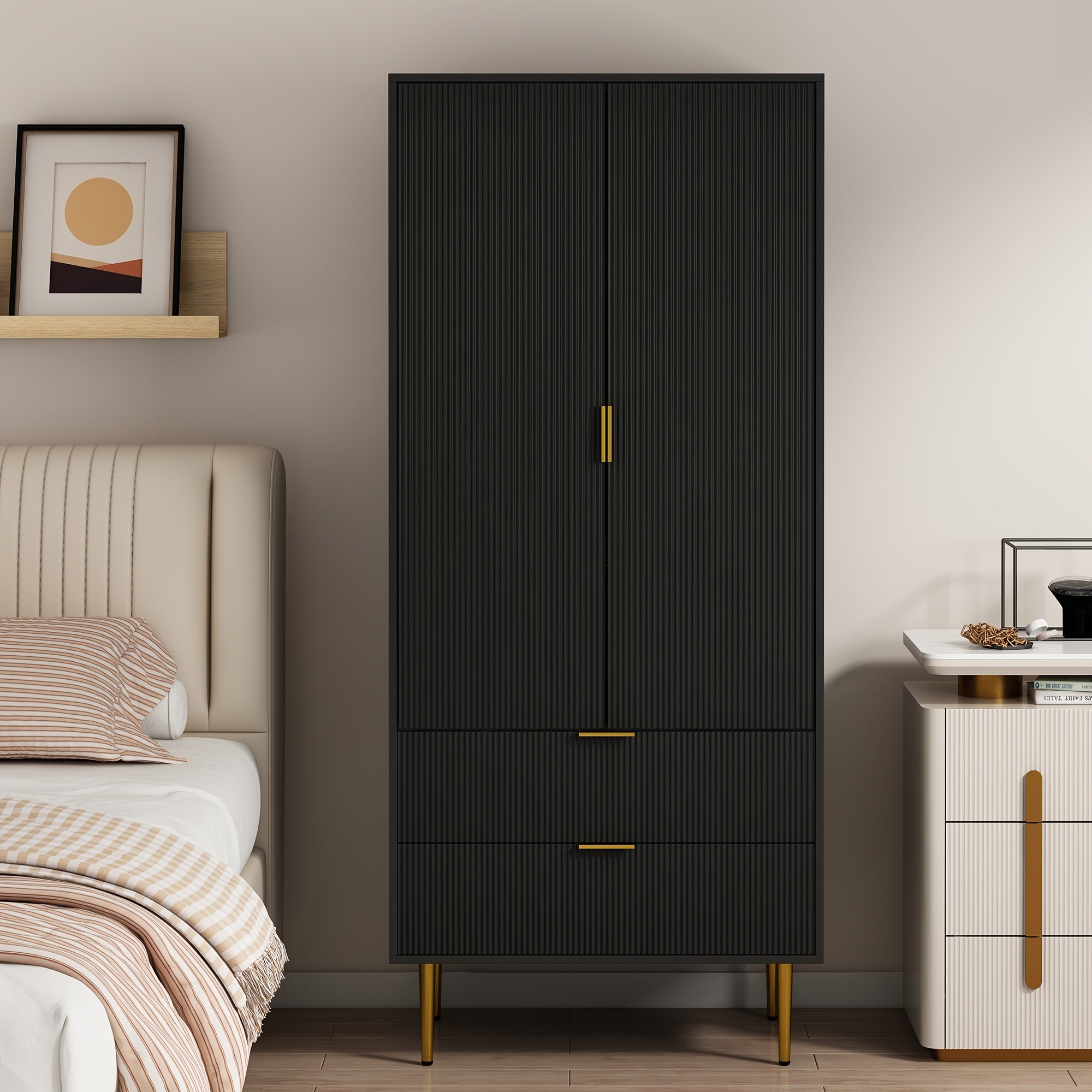 Contemporary 71''2 Drawers Clothing Storage Cabinet With Adjustable Shelves & Hanging Rod, Perfect For Bedrooms, Gyms & Cloakrooms