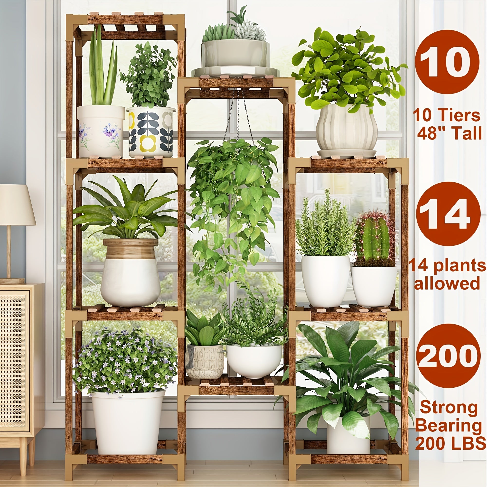 Plant Stand For Indoor Outdoor, 10 Tier Tall Plant Shelf Large Plant Rack Table Holder Flower Stand For Multiple Pots For Patio Porch Living Room Balcony Corner Garden Office Boho Decor