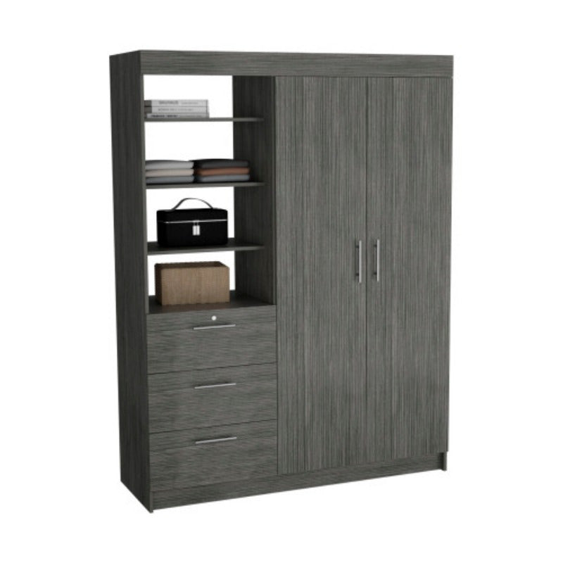 Smokey Oak 3-Tier Armoire with Metal Handles - Spacious Storage Cabinet with Shelves and Drawers for Bedroom, Living Room, or Office Decor