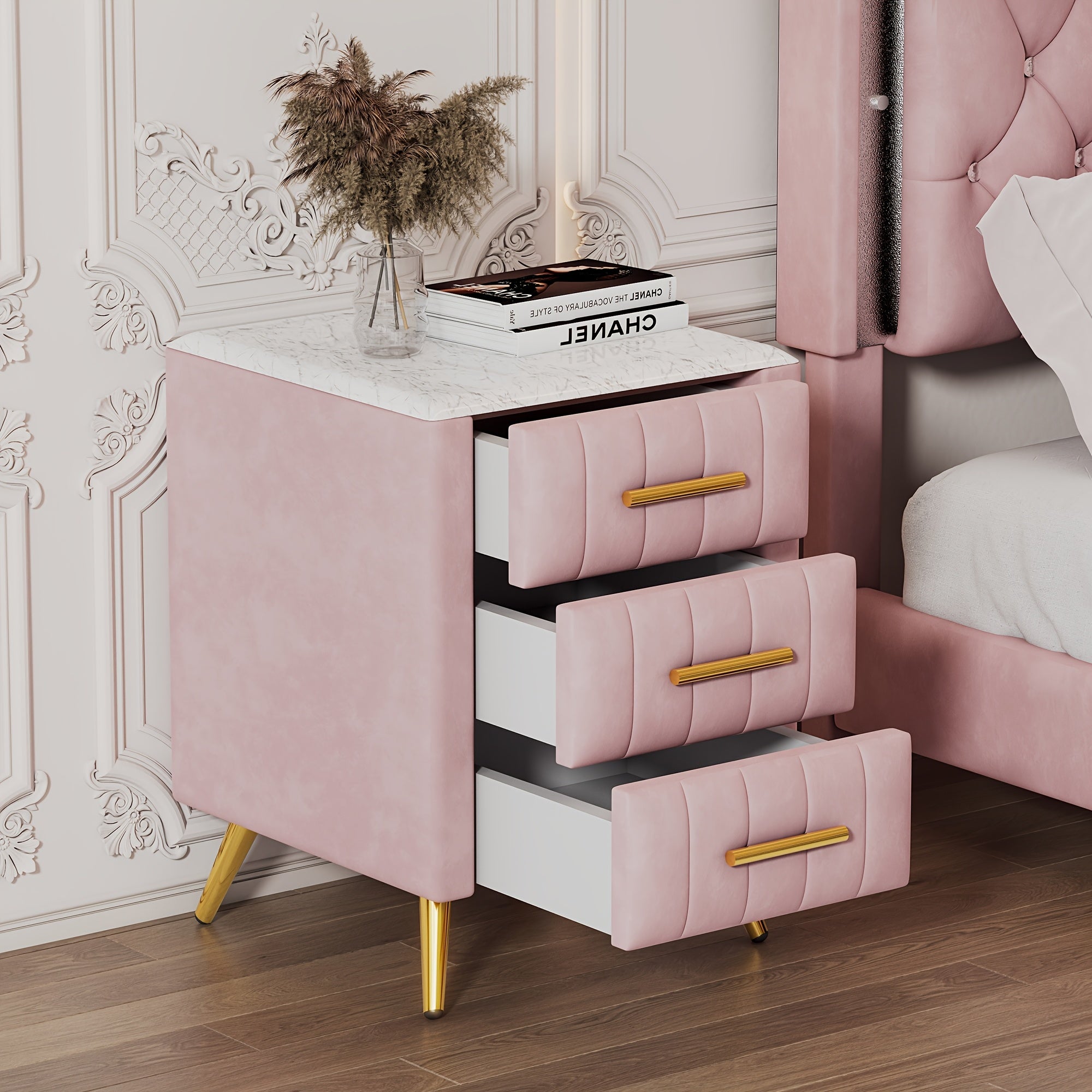 Upholstered Wooden Nightstand With 3 Drawers And Metal Legs&Handles, Bedside Table With Marbling Worktop