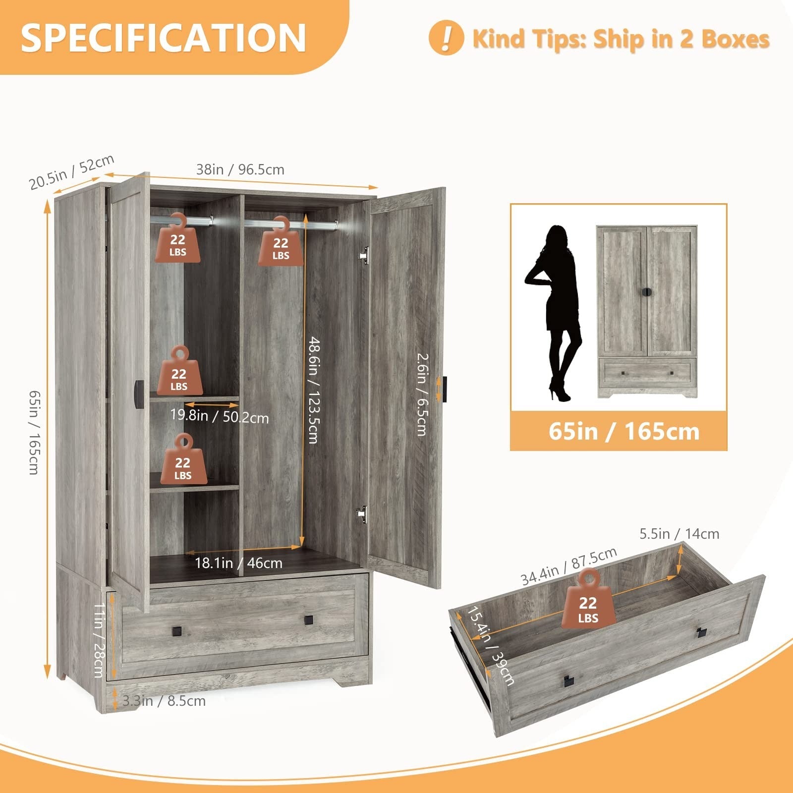 Wide Armoire Wardrobe Closet with Shelves, Hanging Rod and Drawers, Freestanding Closet Wardrobe Cabinet, Armoires and Wardrobes with Doors for Bedroom, Dorm