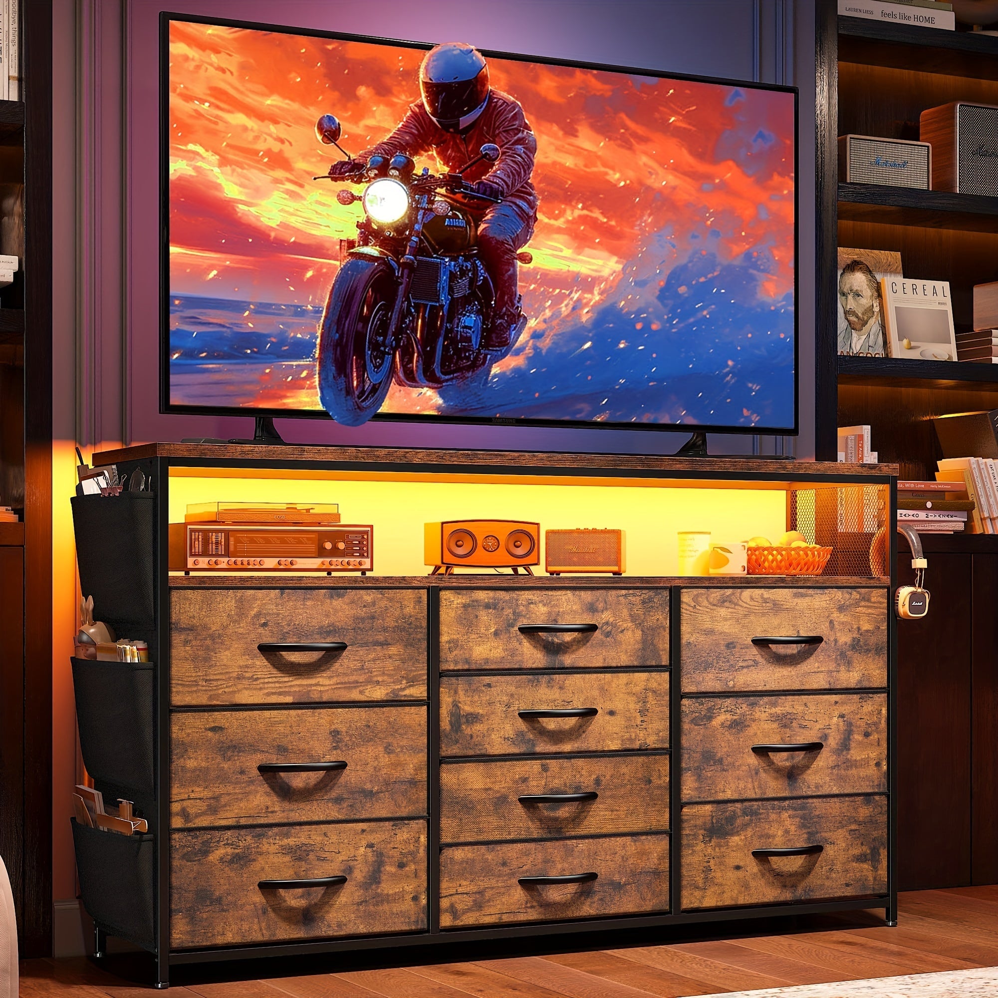 Dresser TV Stand With 10 Drawers For 140cm TV Stand For Bedroom With LED Lights & Power Outlets Wide Dresser