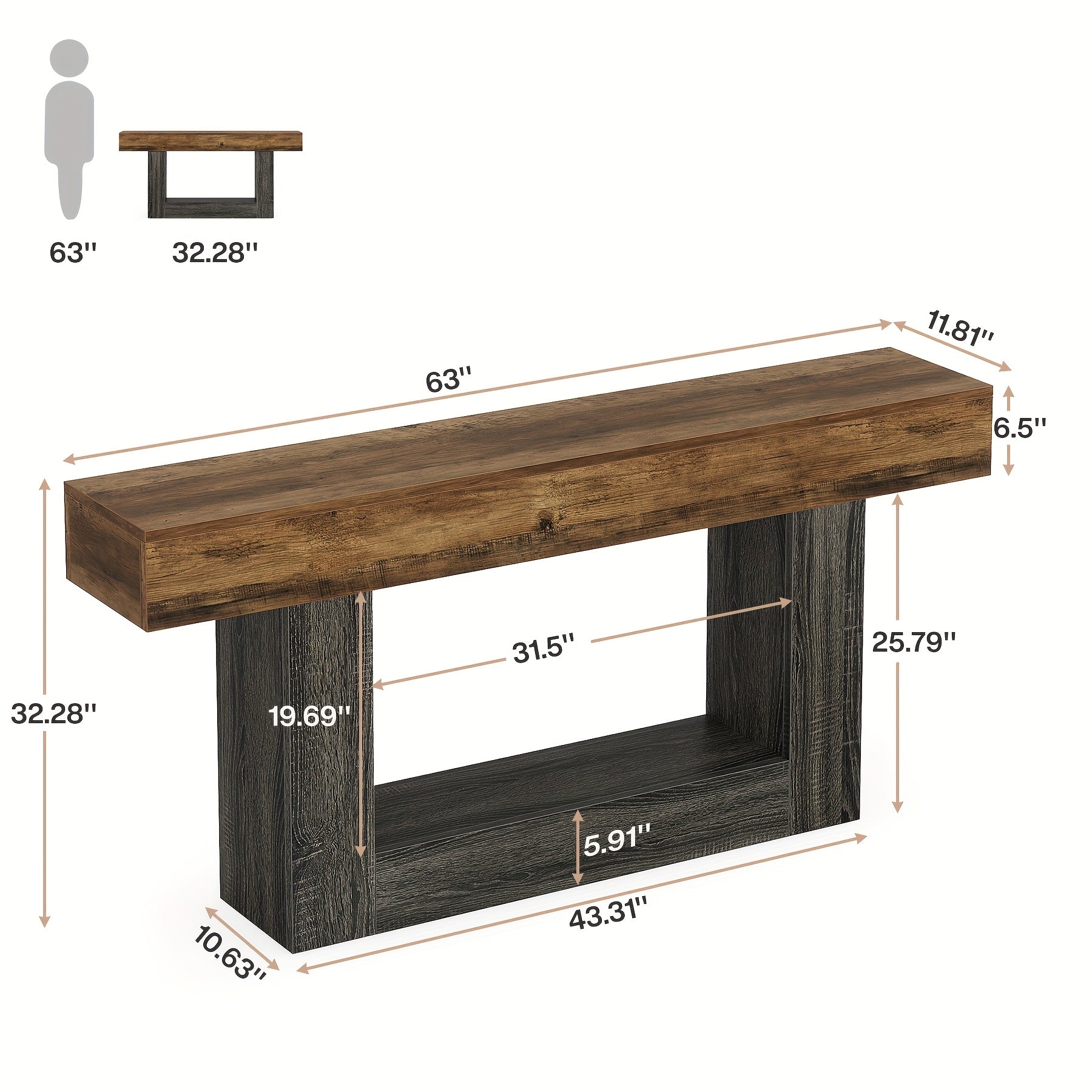 63" Narrow Long Console Table With Storage, Farmhouse 2-Tier Entryway Table With U-Shaped Base, Vintage Wood Sofa Table Behind Couch Table For Living Room, Hallway, Foyer, Rustic Brown And Grey