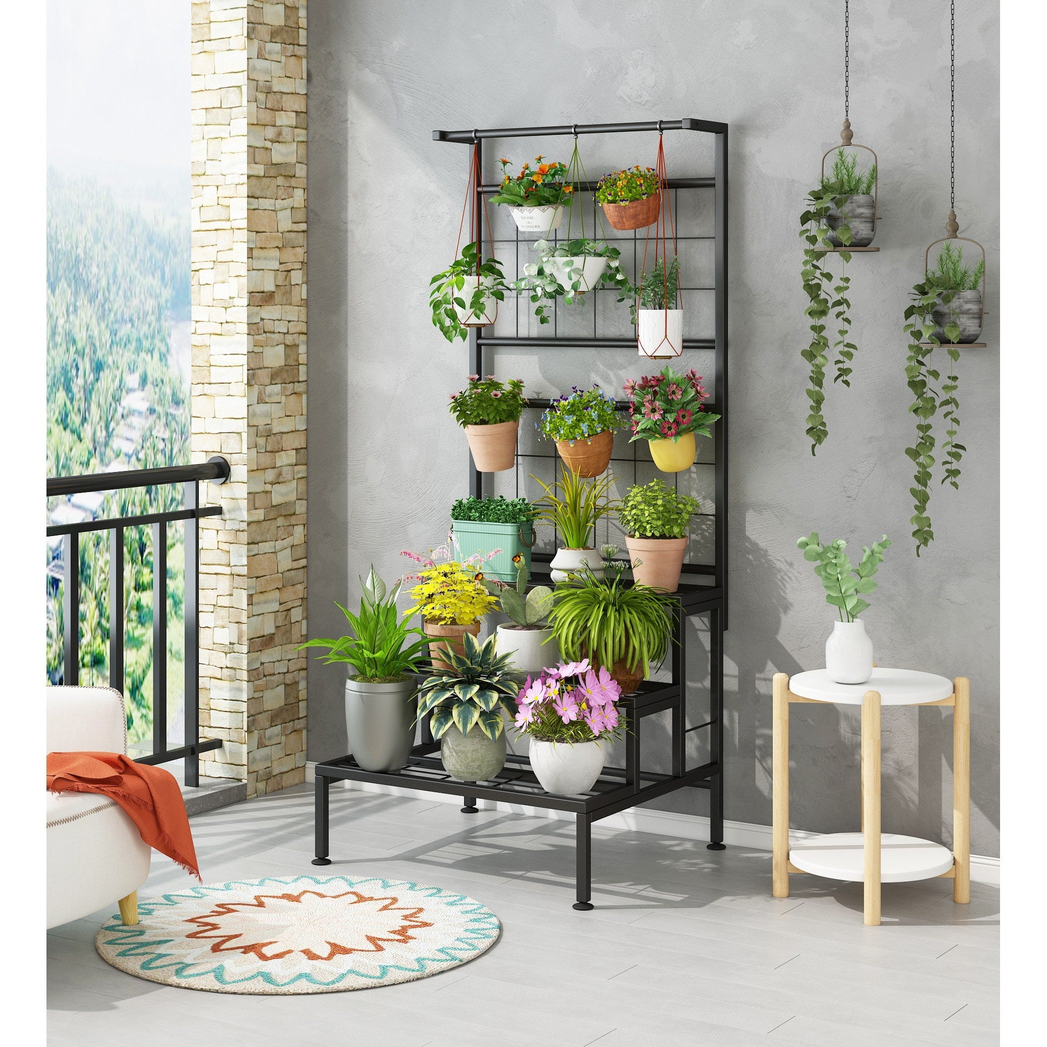 Plant Stand 3-Tier Hanging Shelves Flower Pot Organizer Multiple Flower Display Holder Indoor Outdoor Heavy Duty Potted Planter Rack Unit with Grid Panel for Living Room