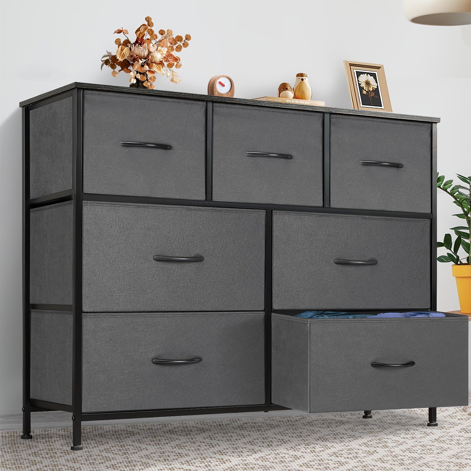 Dresser For Bedroom With 7 Drawers, Clothes Drawer Fabric Closet Organizer, Dresser With Metal Frame And Wood Tabletop, Chest Storage Tower For Kids Room, Nursery, Living Room, Entryway