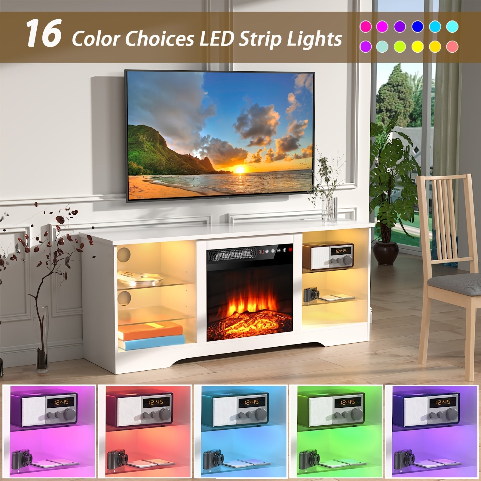 1pc Modern Electric Fireplace TV Stand, 58" Entertainment Center with 18" LED Fire, Freestanding Wooden Media Console for Up to 65" TVs, Glass Shelves, Cable Management, 110V-130V