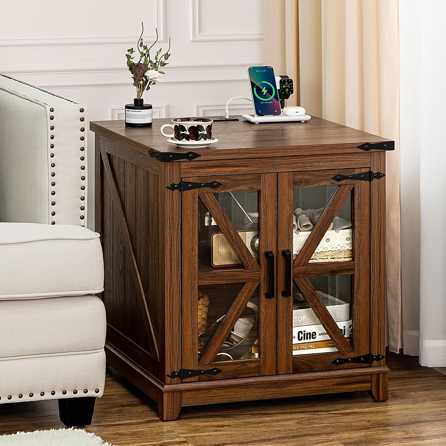 Farmhouse End Table With Charging Station, 24" Large Sofa Side Table With Glass Barn Door, Brown Nightstand With Adjustable Storage Shelf, Wood Square Bedside Table For Living Room, Bedroom