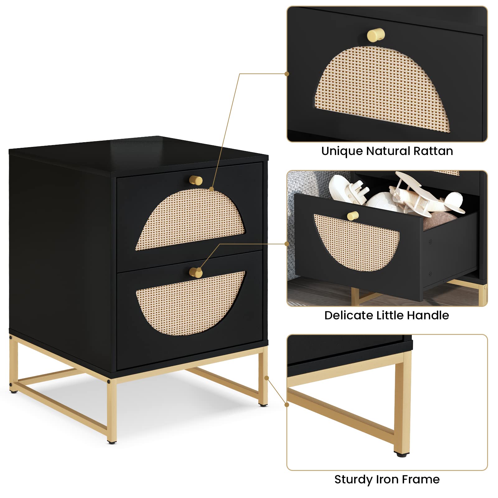 Modern Rattan Nightstand, Multi-Functional Side Table with Two Storage Drawers, Suitable for Living Room, Bedroom and Small Space Storage Table