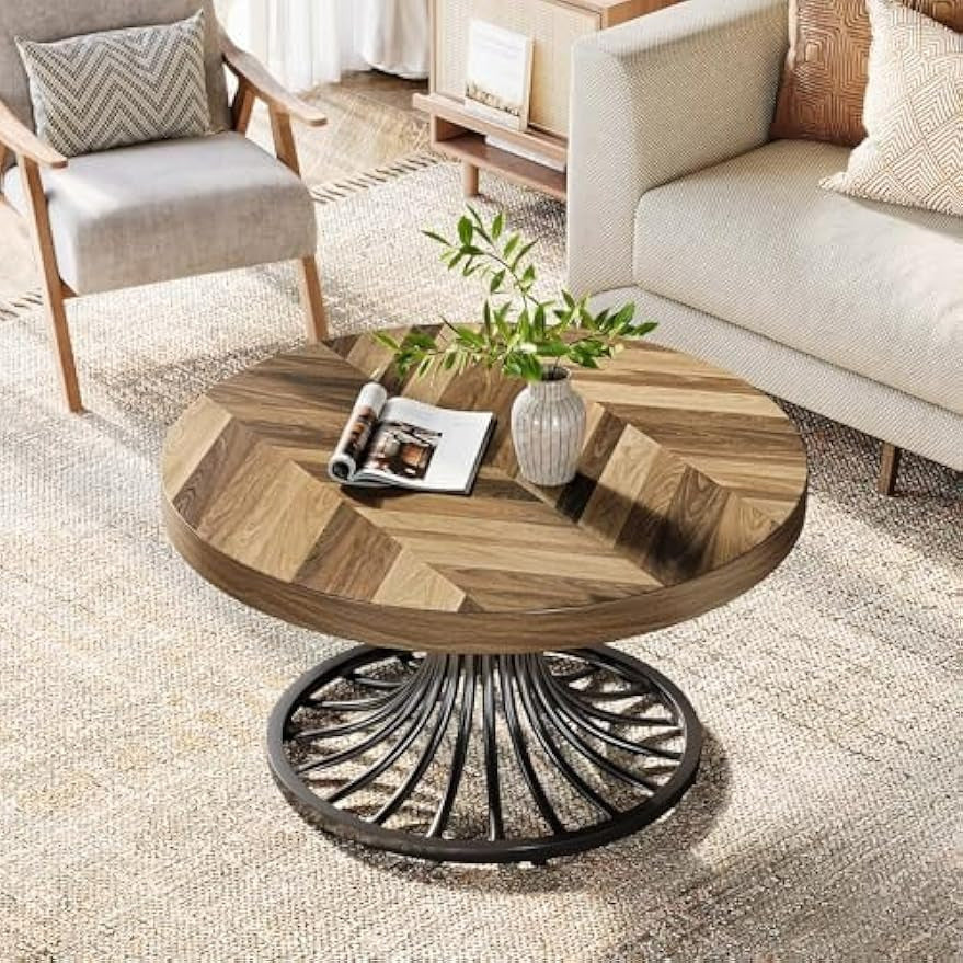 Round Coffee Table for Living Room, 31.5" Small Wood Coffee Table with Stylish Metal Pedestal, Industrial Wooden Accent Center Table for Small Spaces, Home Office, Rustic Brown and Black