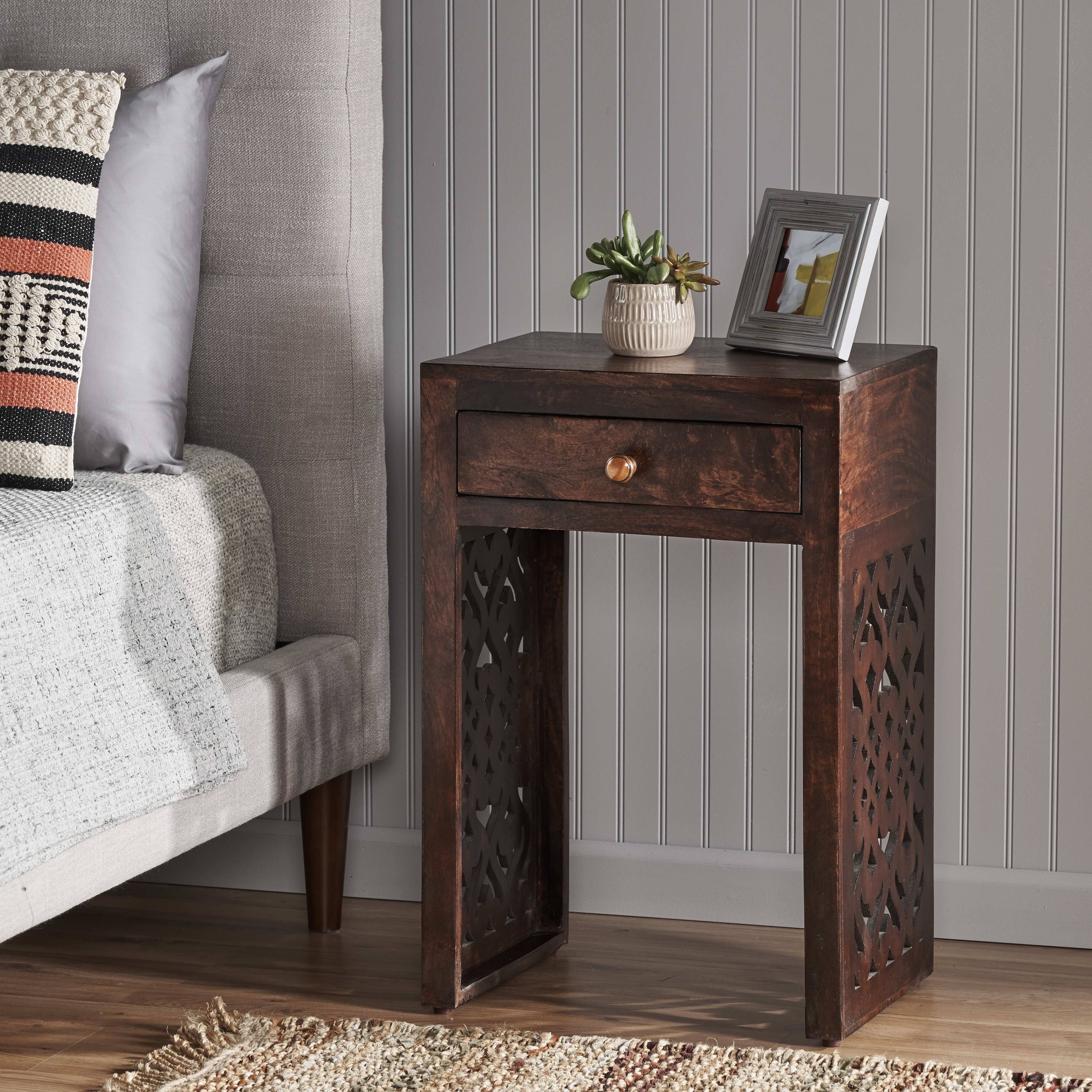 Elegant Antique End Table with Drawer - Handcrafted Mid-Century Design in Rich Brown, Space-Saving Hardwood Nightstand with Decorative Cut-Out Panels for Bedroom & Living Room Elegance, Table Decor