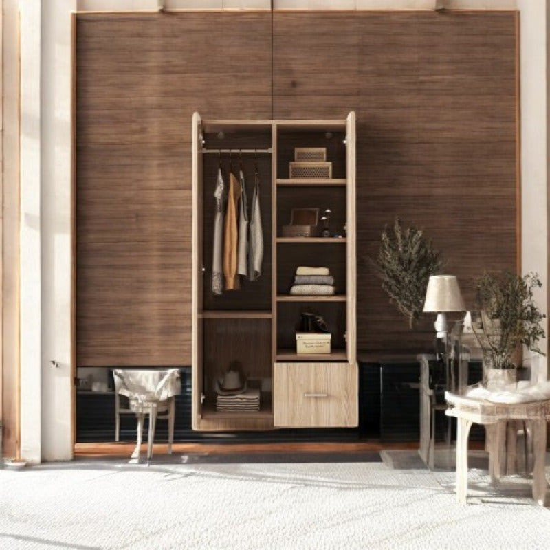 Double-Door Wardrobe with Hanging Rod 5 Fixed Shelves And 1 Storage Drawer for Ample Storage in Natural Finish