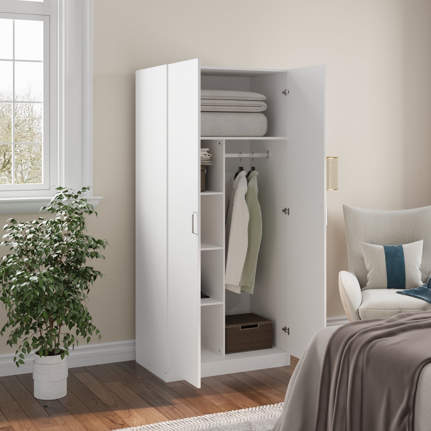 Wardrobe Armoire Closet with 2 Doors, Freestanding Wardrobe Cabinet with Storage Shelves & Hanging Rod, Bedroom Clothes Cabinet Organizer, White