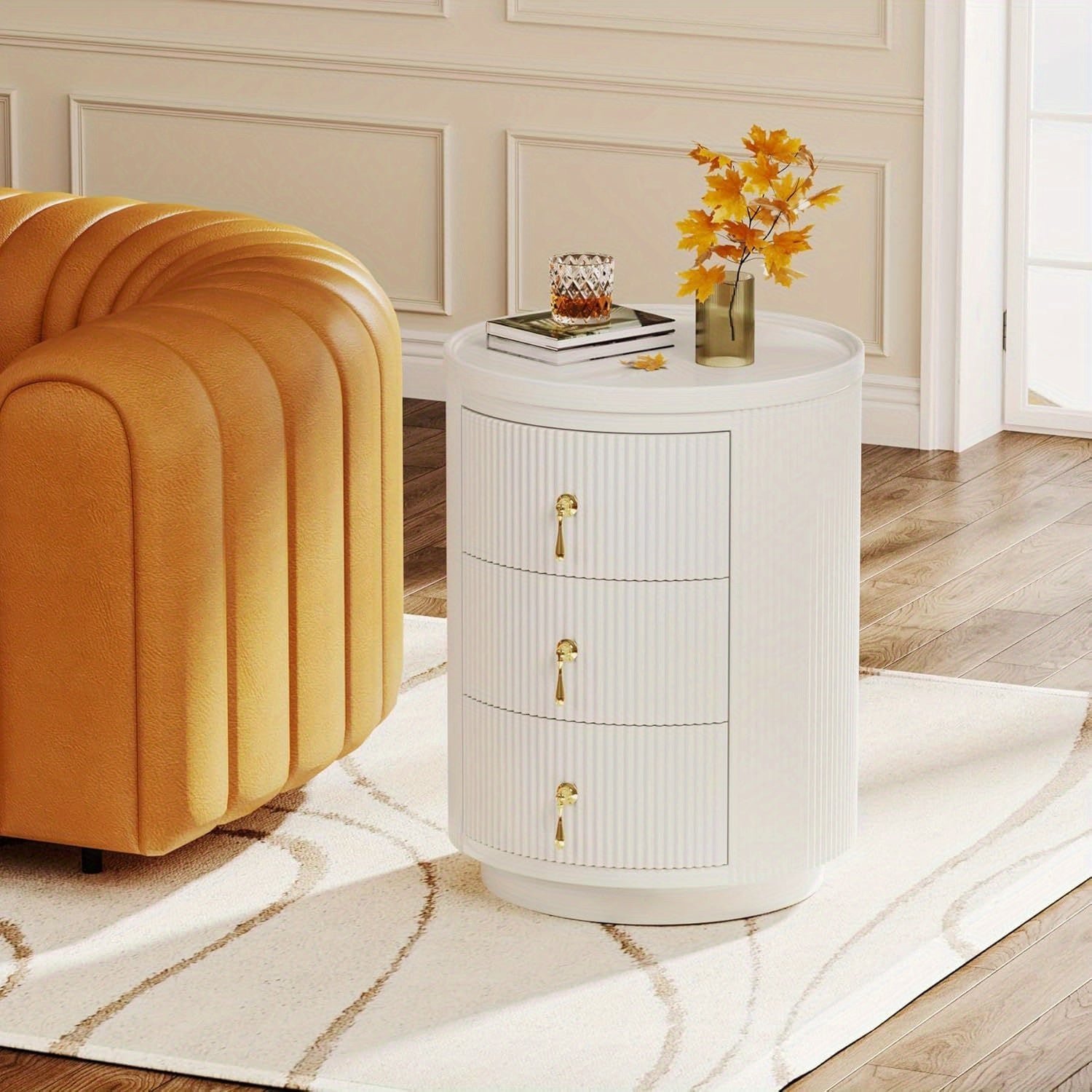 No Assembly Nightstand with 3 Drawers, Modern Round Bedside Table Night Stand for Bedroom, End Table Side Table with Storage and Gold Handles, White