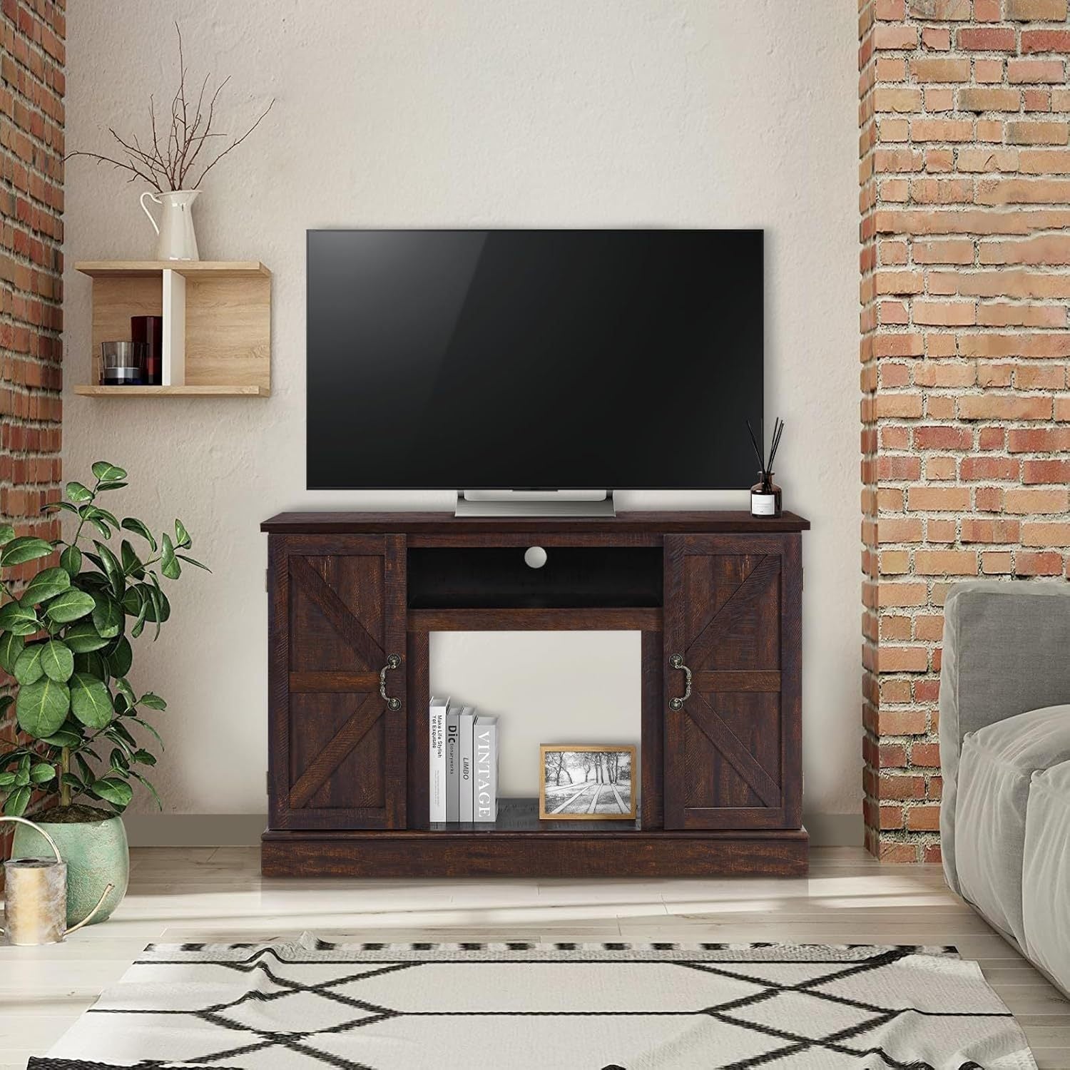 47" TV Stand Suitable For TV Size up to 65", Entertainment Center with Two Barn Doors and Storage Cabinet, Media TV Console Table for Living Room