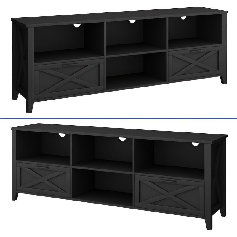 Farmhouse TV Stand Black 70" with LED Light, Media Console for 80" TVs, Entertainment Center with Storage Cabinets and Adjustable Partition