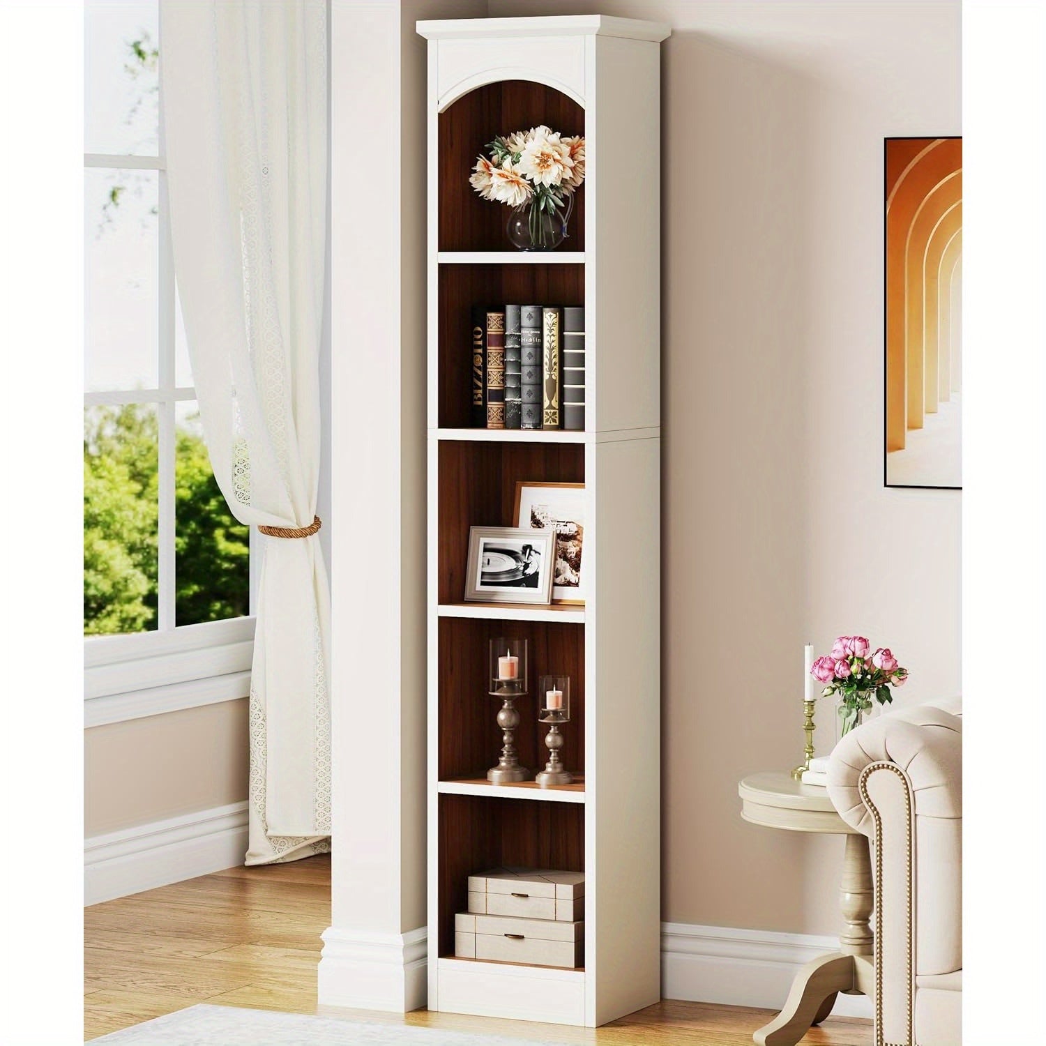 Tall Narrow Bookcase Multi-Tier Cube Bookshelf with Storage Modern Slim Corner Display Shelves for Home Office Living