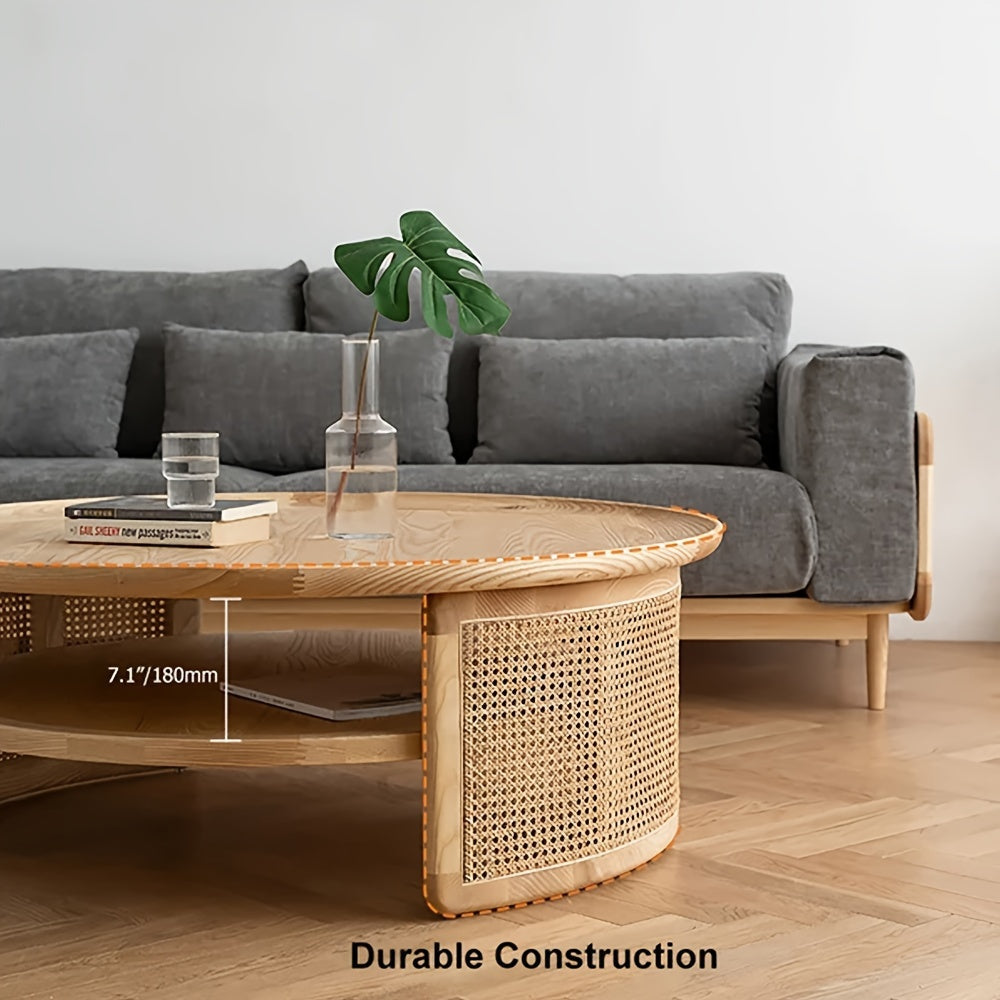 1pc Classic Round Coffee Table - Space-Saving Hardwood & Rattan Center Table with Engineered Wood Frame and Oak Finish for Living Room