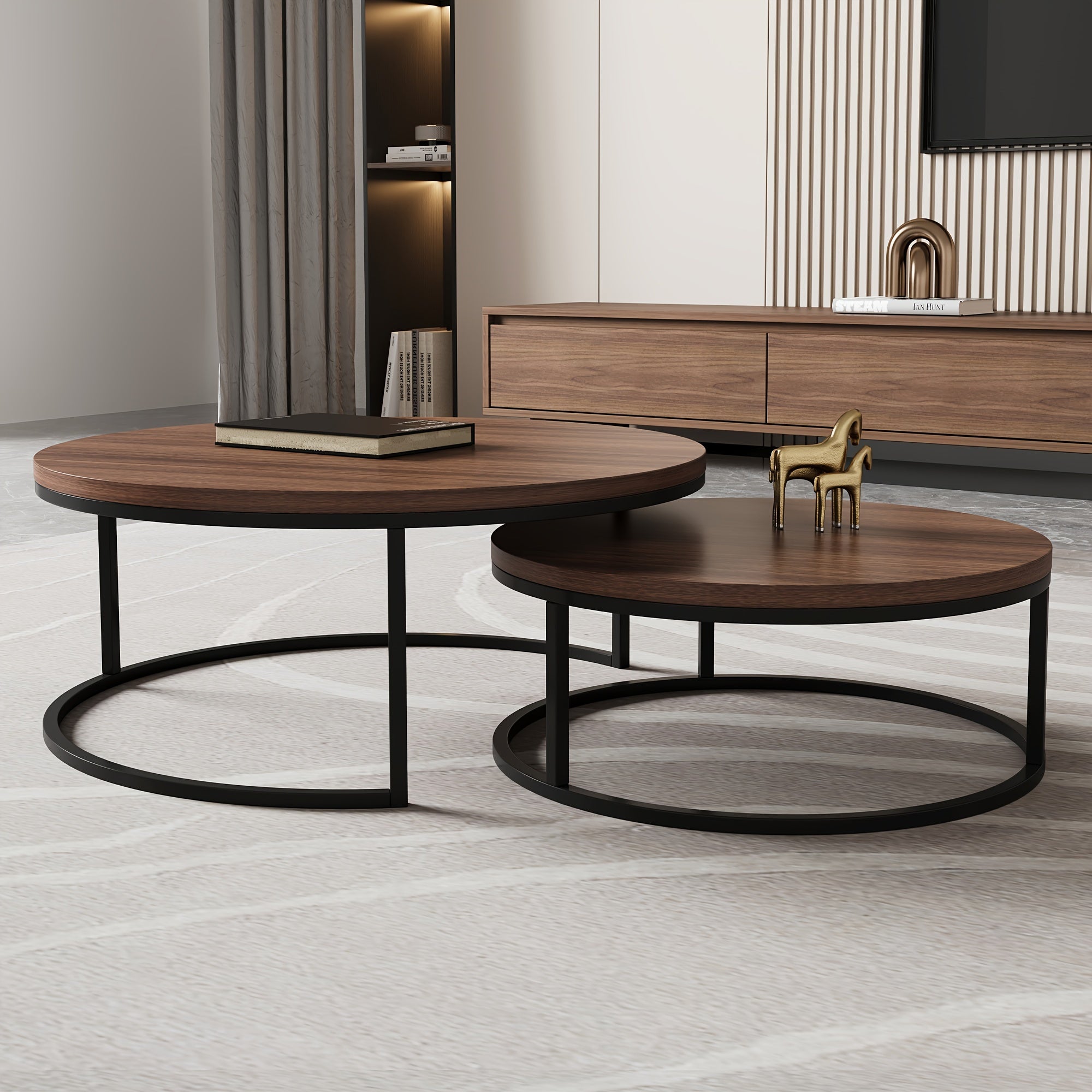 2-piece Modern Medieval Walnut Color Round Living Room Coffee Table Set, Metal Frame, Adjustable Size, Space-saving Design, 31.5 Inches/55.2 Inches Wide,